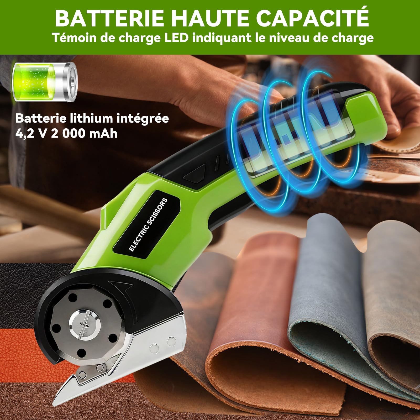 Ciseaux Electrique Tissu Couture, 4,2 V Ciseaux Électriques Sans Fil universelle Avec batterie de 2000 mAh et 2 lames pour papier, carton, tapis, cuir, feutre