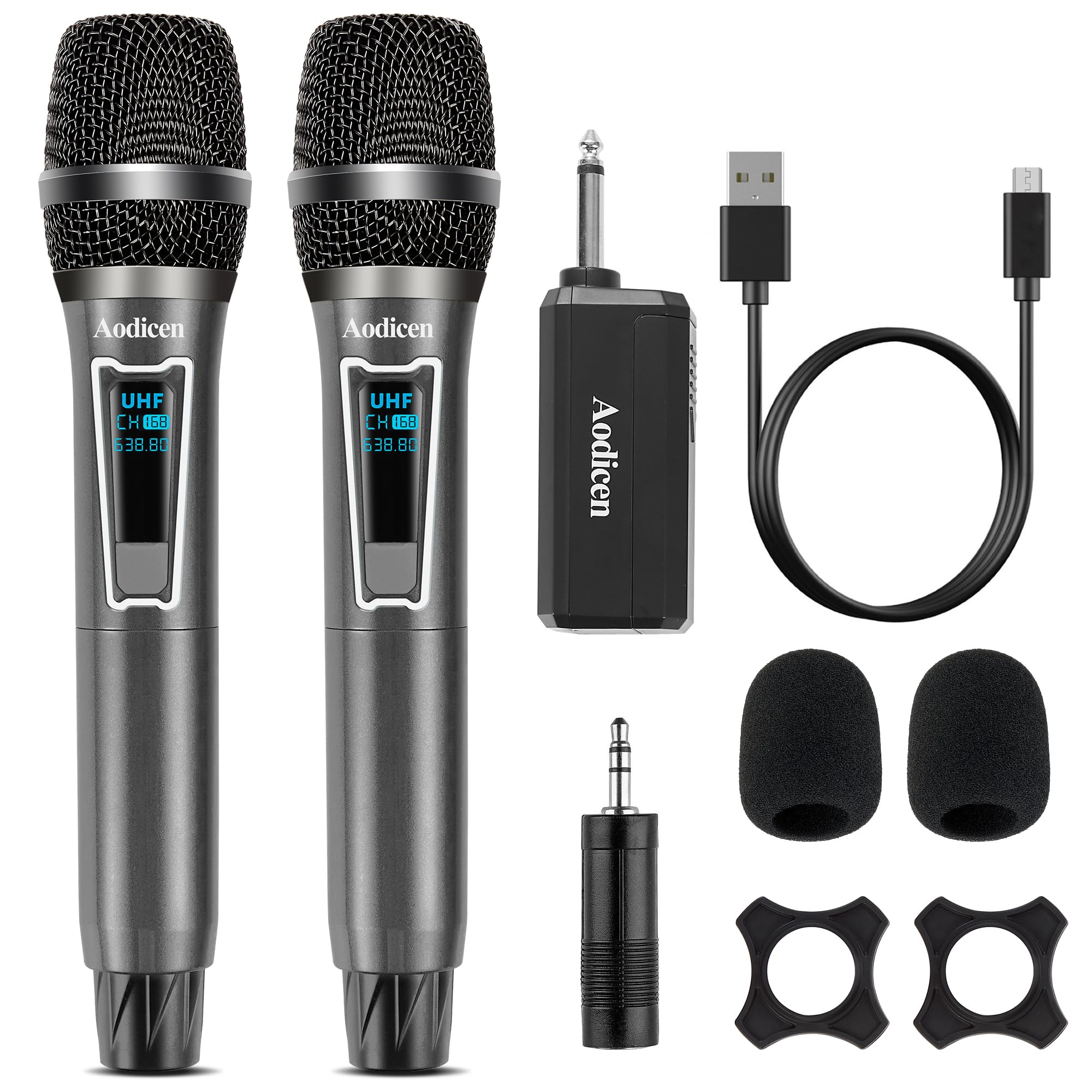 AODICEN Wireless Microphone,UHF Dual Metal Handheld Dynamic Wireless Mics with Rechargeable Receiver, Cycle Charging, for Karaoke, Party, Speech, 160ft, Black