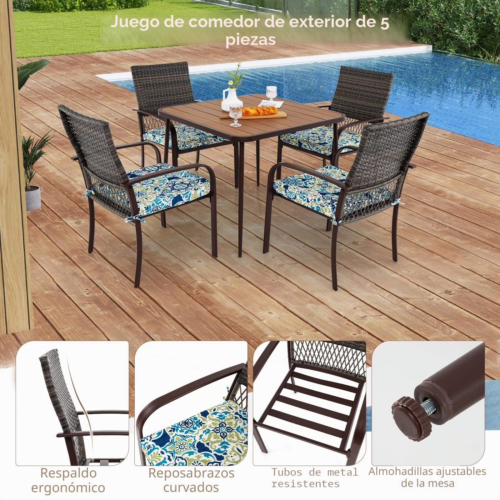 LIFEZEAL Conjunto de Muebles de poliratán, Mesa Centro de jardín con 4 sillas, Juego de Muebles de Comedor Exterior con Cojines y Orificio para sombrilla, para terraza, balcón, Zona de Piscina