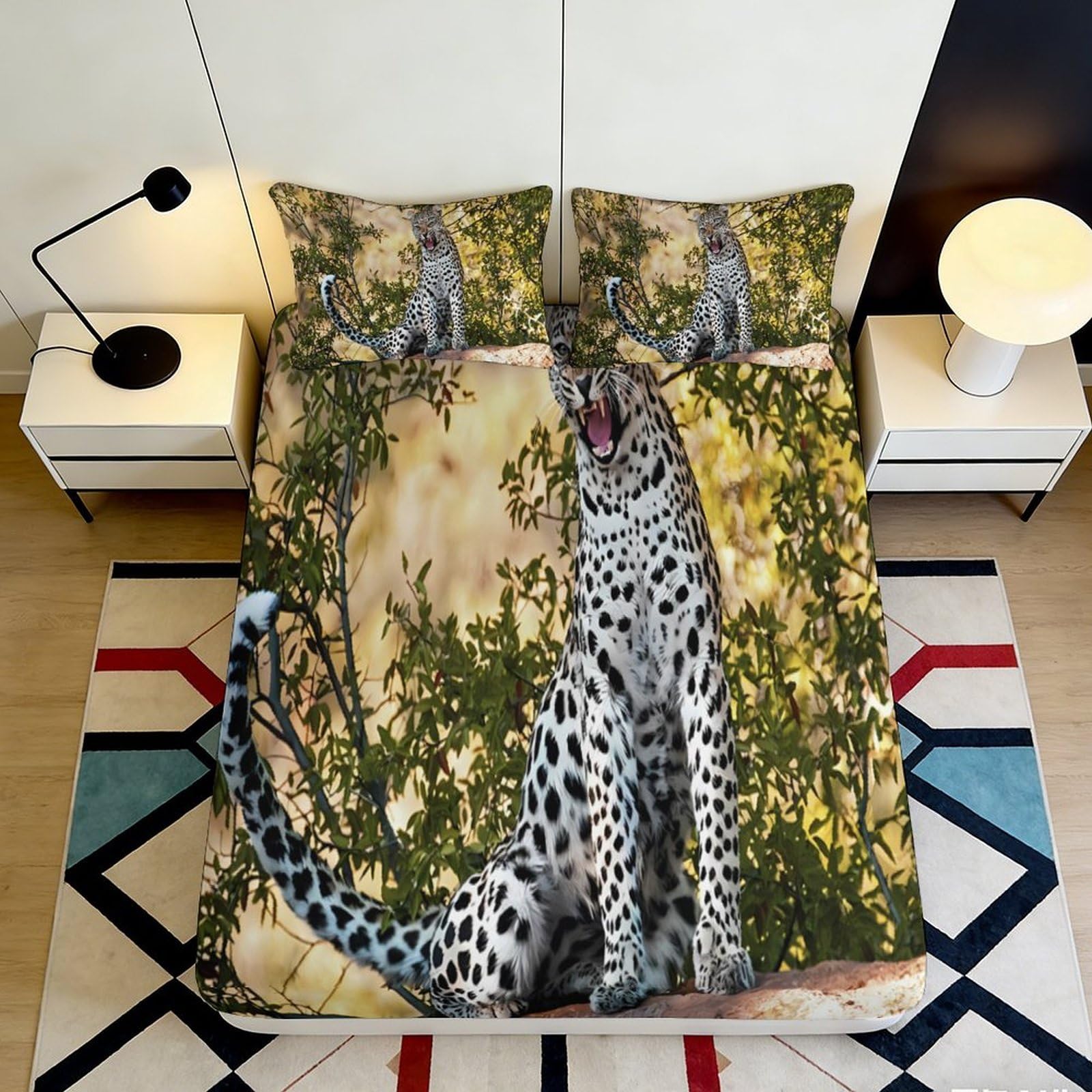 3D Printed Leopard Jungle Fitted Sheet Microfiber Soft Anti-Slip Mattress Cover for Bedroom Guest Room Decor Machine Washable 140x200x25cm