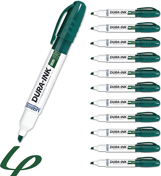 Markal Dura-Ink 55 Medium Chisel Permanent Ink Marker, Versatile Surface Compatibility, Size 1.16" or 3.16", Green, 12-Pack