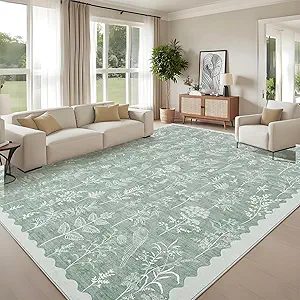 GarveeHome Washable 9x12 Area Rugs for Living Room Scalloped Floral Bedroom Rug, Non-Slip Stain Resistant Dining Table Carpet, Botanical Large Rug Neutral Carpet for Farmhouse Dorm Home Office,Green