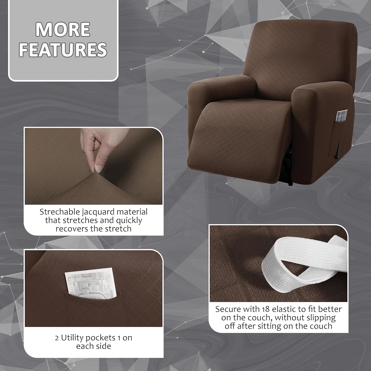 ULTICOR Squared Jacquard Design, 4-Piece, 1 Seat Recliner Cover, Reclining Chair Covers for 1 Cushion Reclining Sofa, Single Seat Recliner Couch Cover, Washable (Recliner Cover, Chocolate)
