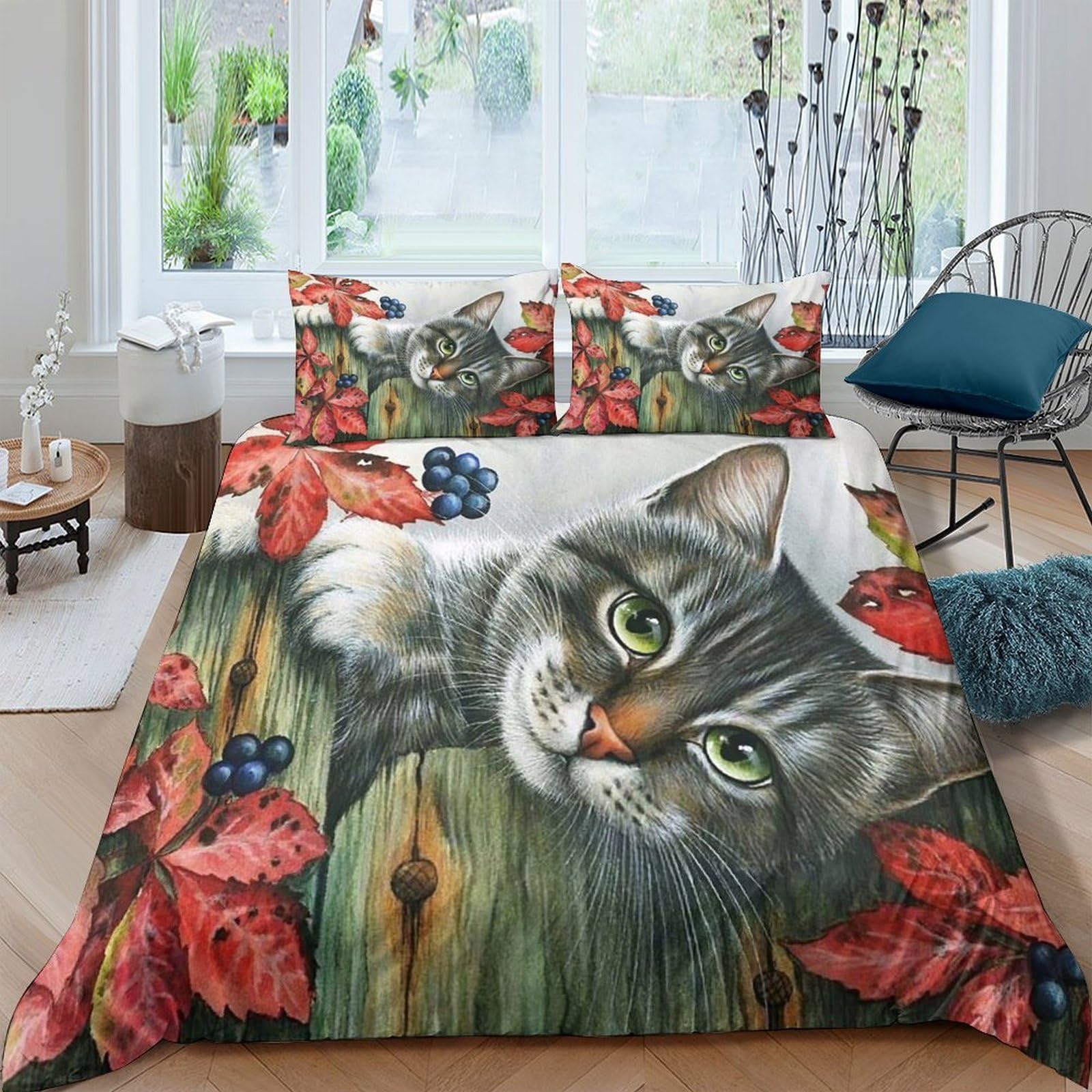 Ctjqhvkz Style-4 3D Printed Tabby Cat Fitted Sheet Microfiber Soft Autumn Leaves Bed Cover Anti-Slip Machine Washable For Bedroom Dorm Decor Single（135X200cm）