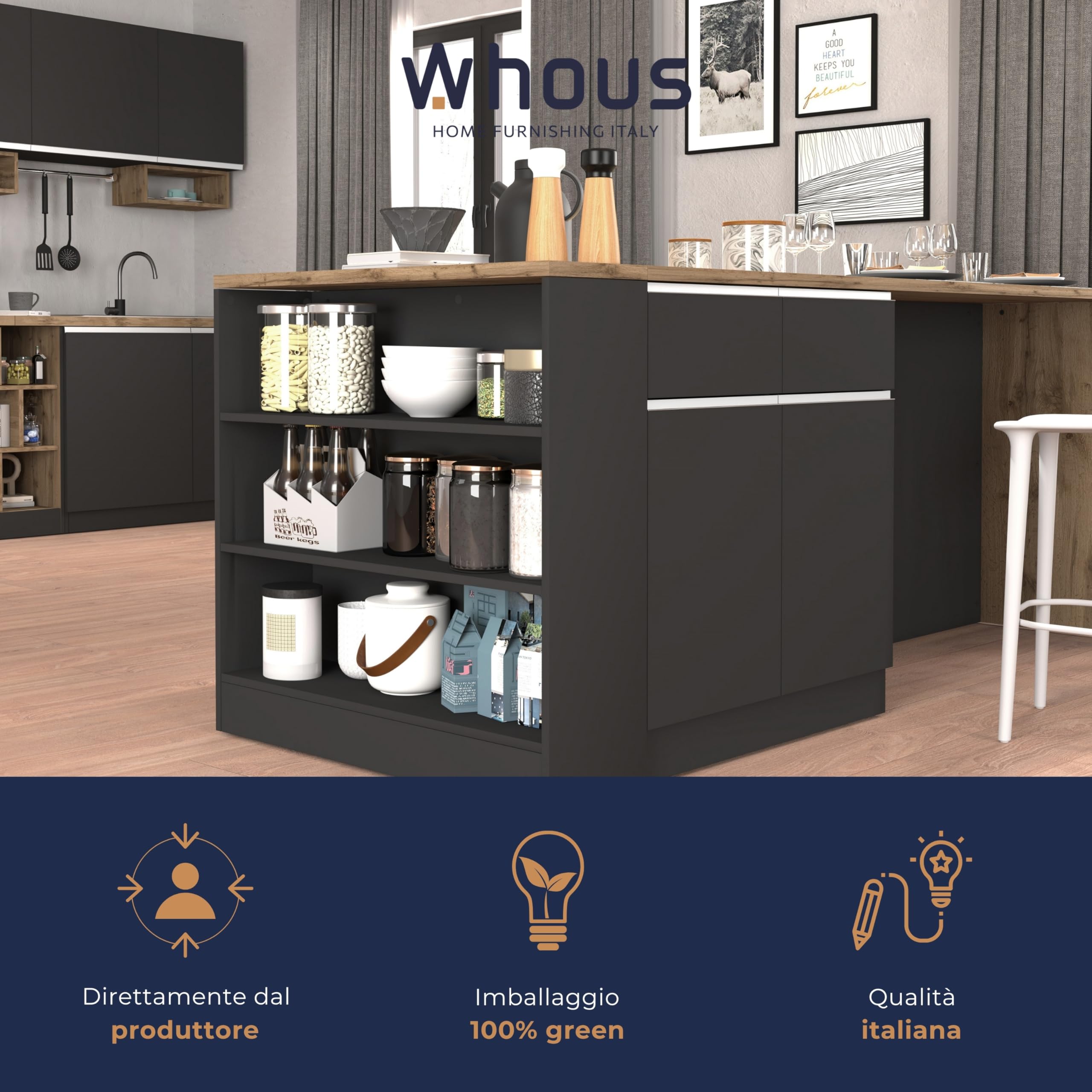 WHOUS Isola Cucina SOLE con 1 Anta, 2 Cassetti e 6 Vani, Tavolo da Pranzo e Piano di Lavoro, Ideale per Open Space e Spazi Ridotti, 152,5x90x90,60 cm, Antracite Opaco e Rovere