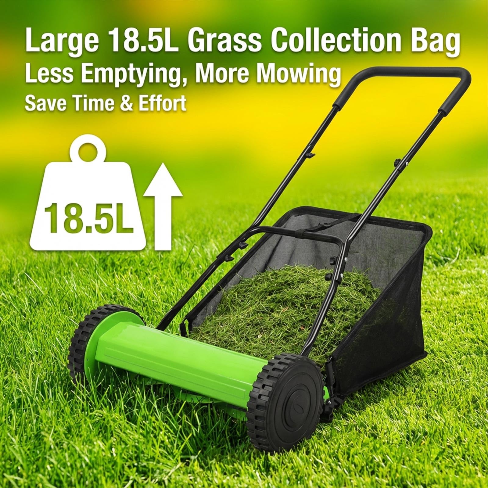 Cortacésped manual con bolsa de recogida de césped, cuchillas de acero al manganeso, altura ajustable de 17 a 33 mm, ideal para jardines pequeños y césped residencial