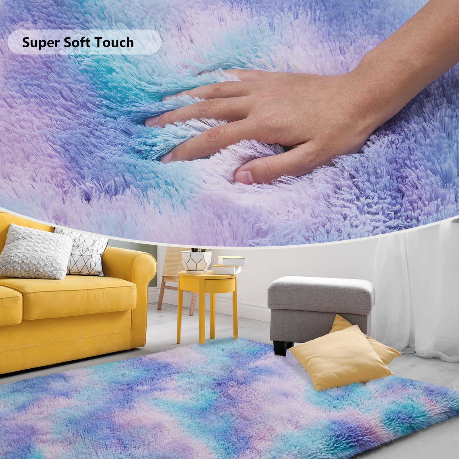 SOANNY Living Room Area Rug, Teal Purple Small Soft Fluffy Tie-Dyed Shag Carpet, Non-Slip Washable Rug for Bedroom Dorm - Image 3