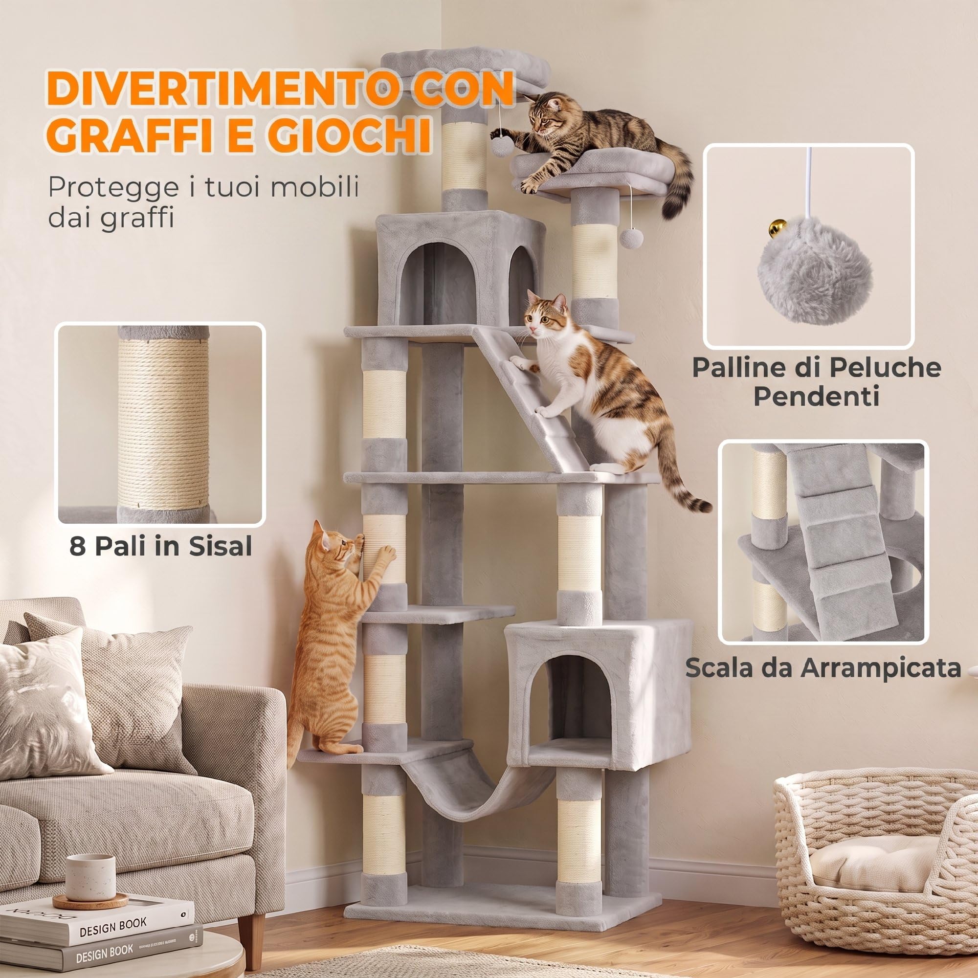 PawHut Tiragraffi per Gatti Grande Alto 204cm Adulti XXL Grigio Chiaro