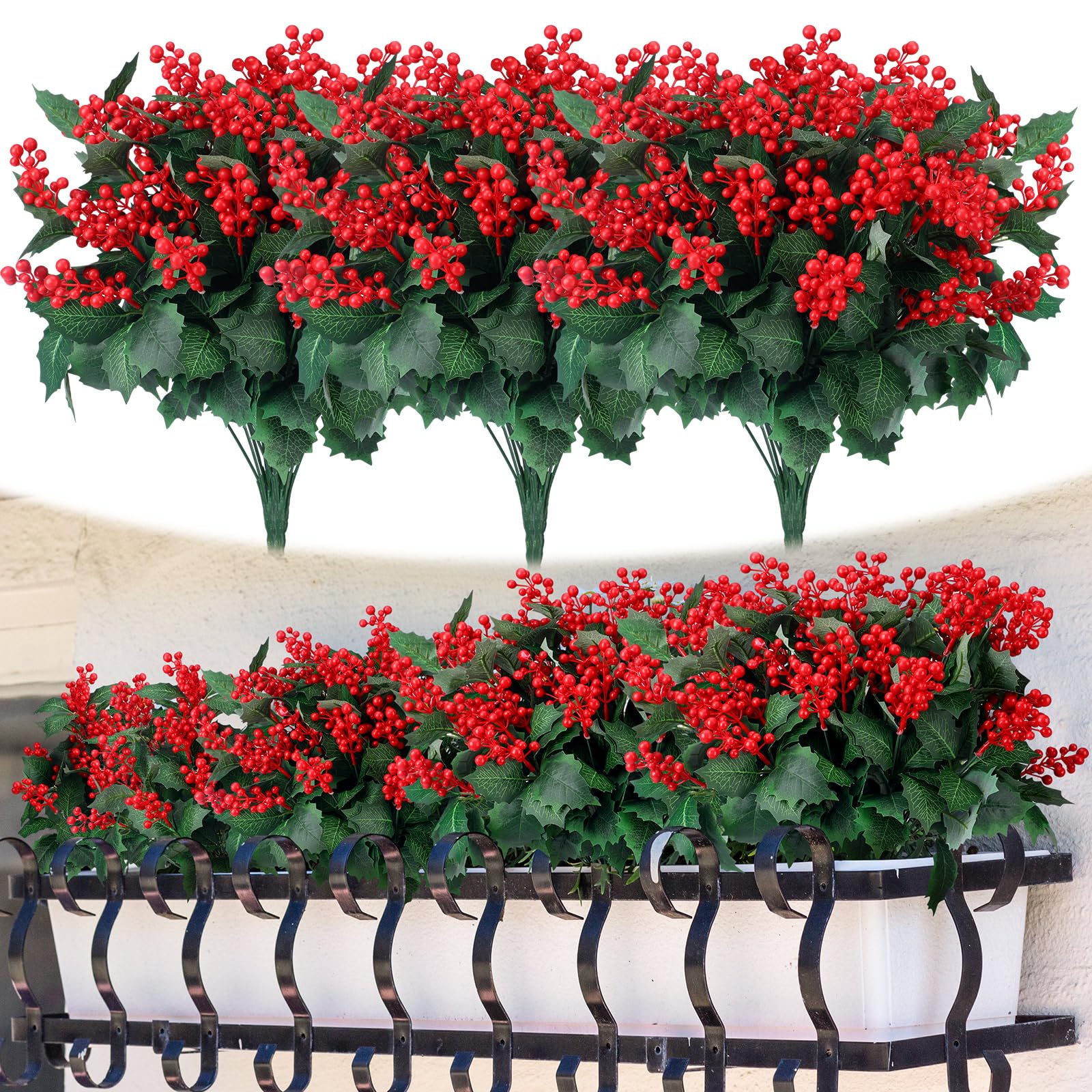 Ceenna 12 flores artificiales de Navidad, flores artificiales de pascua, arbustos, bayas de acebo, tallos de hojas de cedro, flores de Navidad, hojas de interior, exterior, decoración de fiesta en el
