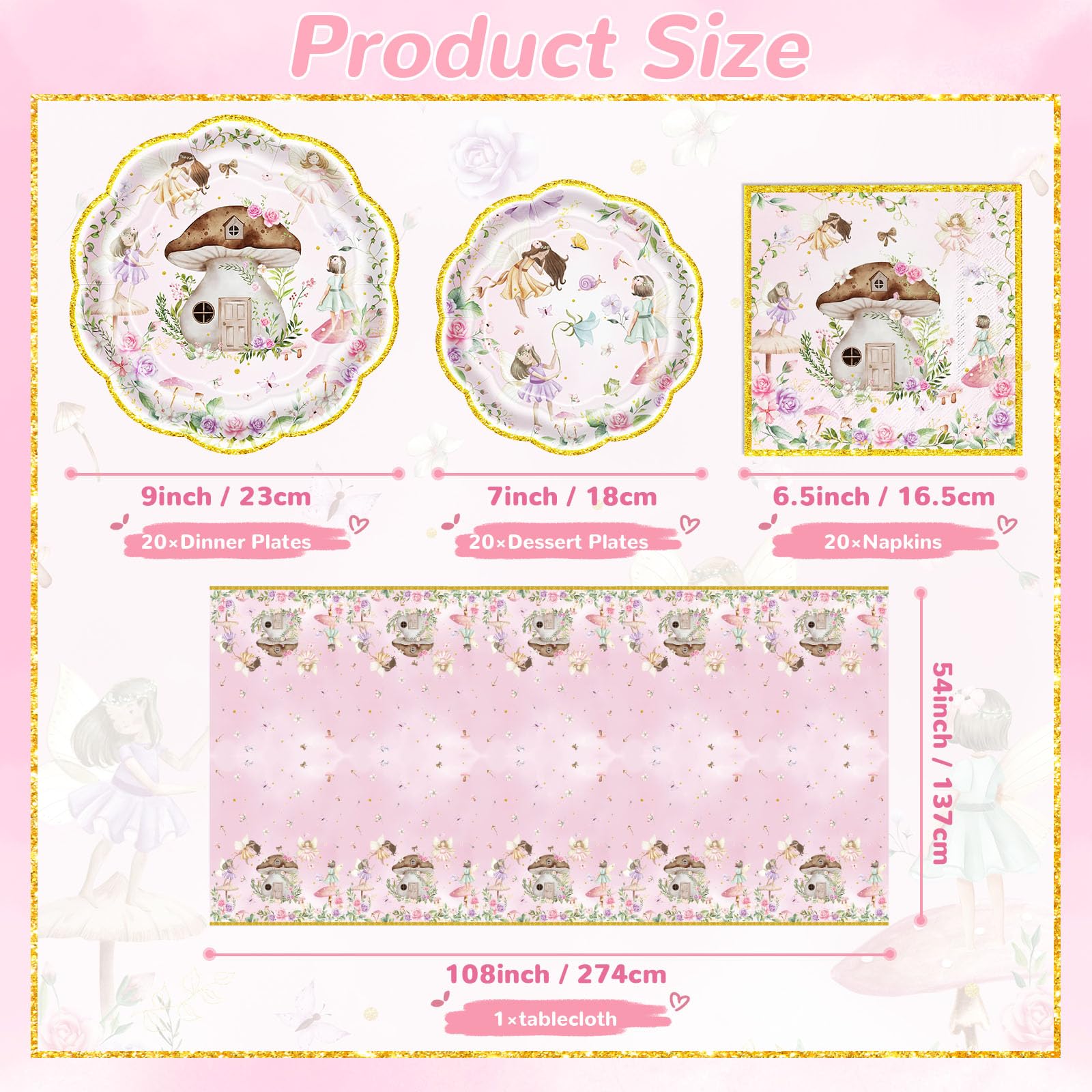 Fairy Party Decorations Tableware Set, 61PCS Fairy Garden Birthday Plates Napkins and Tablecloth, Fairy First Birthday Decorations for Girls, Enchanted Forest Party Supplies, Serves 20 Guests