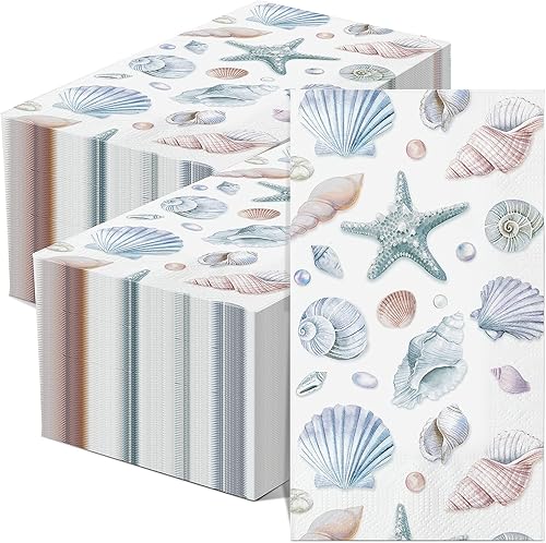 Miniatura 1 de Funrous 200 servilletas de conchas marinas a granel de 3 capas de verano para invitados, servilletas de mano con mar y océano, servilletas costeras