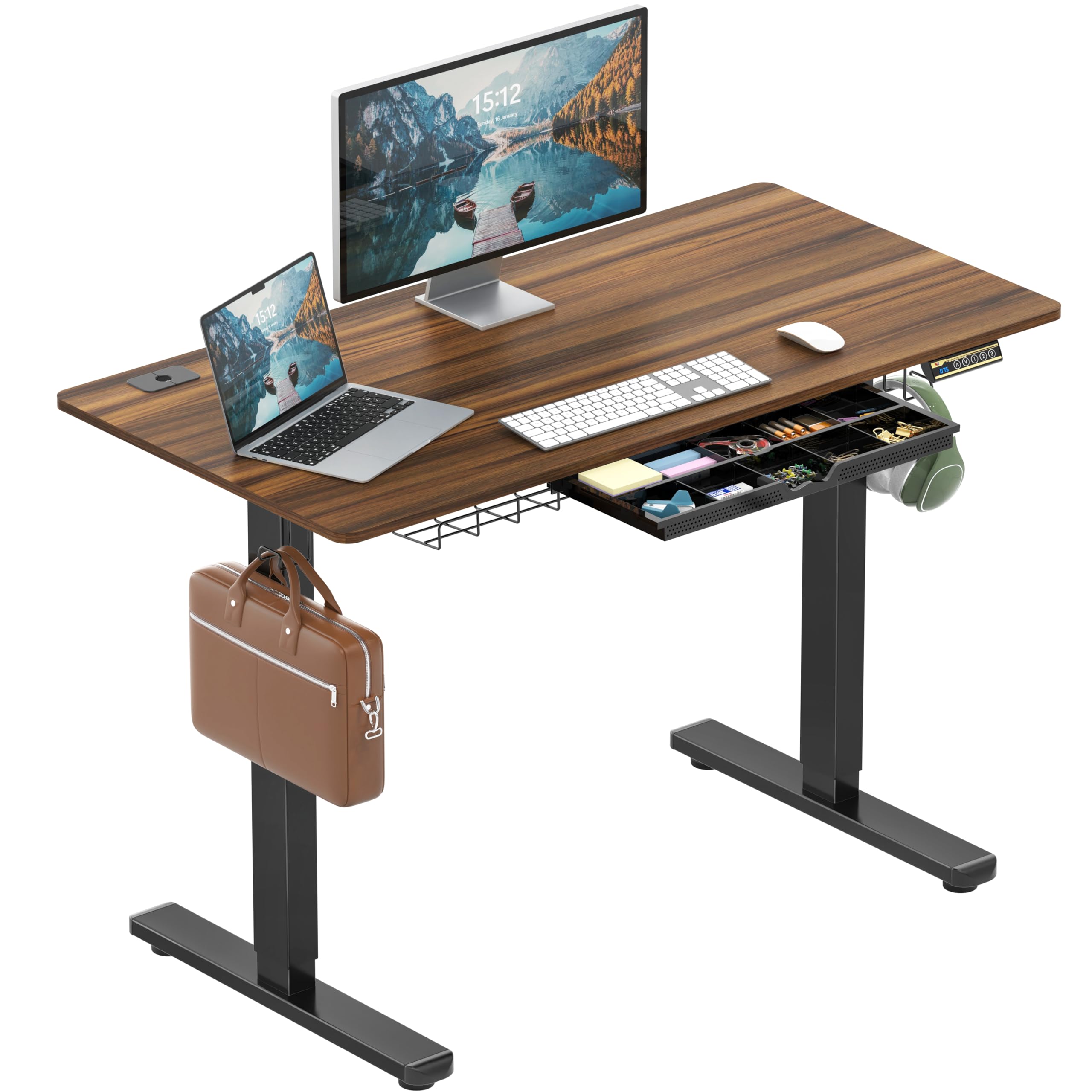 SHW 48-Inch Electric Height Adjustable Standing Desk with Drawer, Memory Preset and Cable Management Tray, Walnut