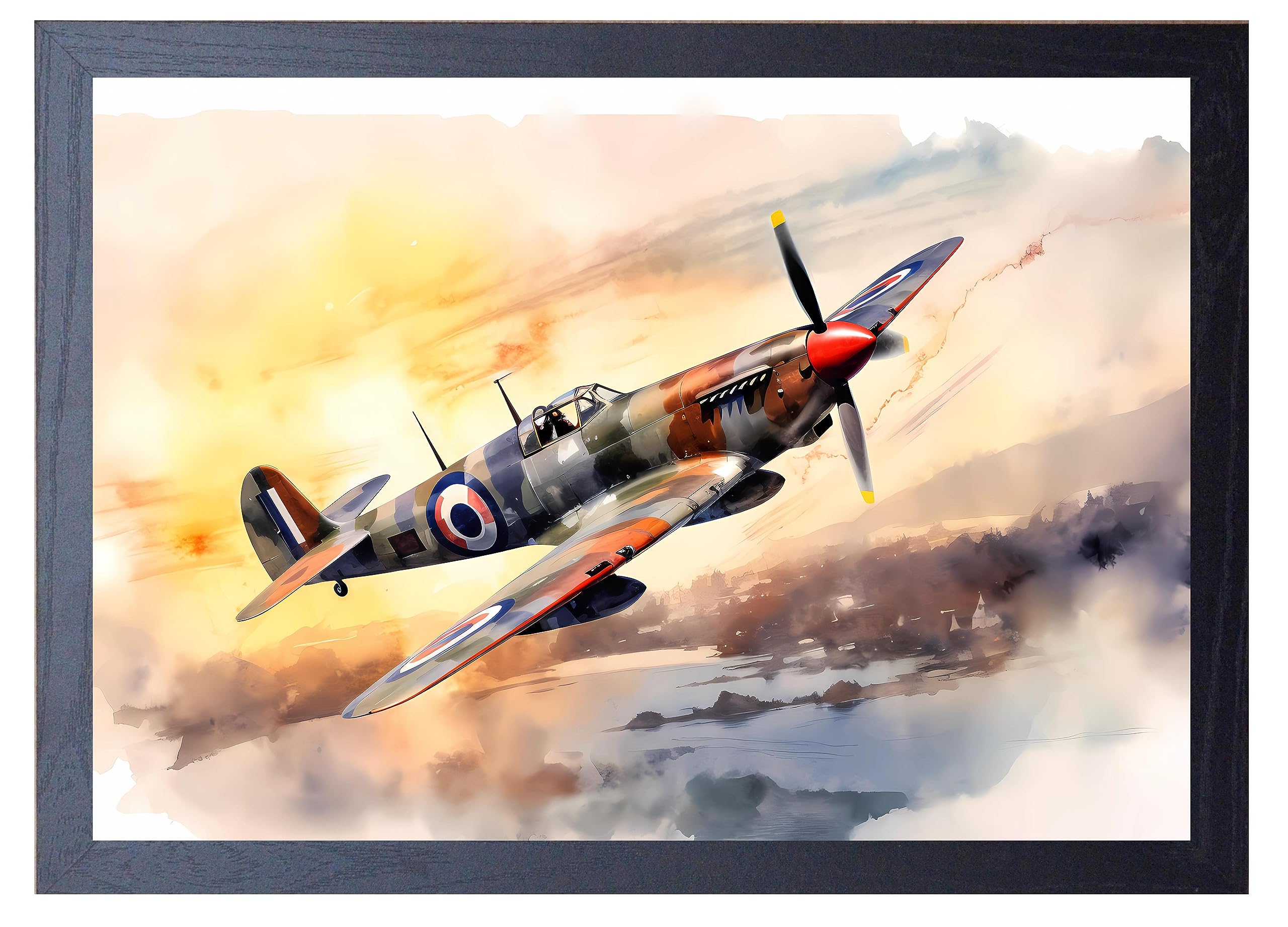SIGNED BY THE STARS Spitfire sunset print art watercolour (A4 FRAMED 35CM X 25XM)