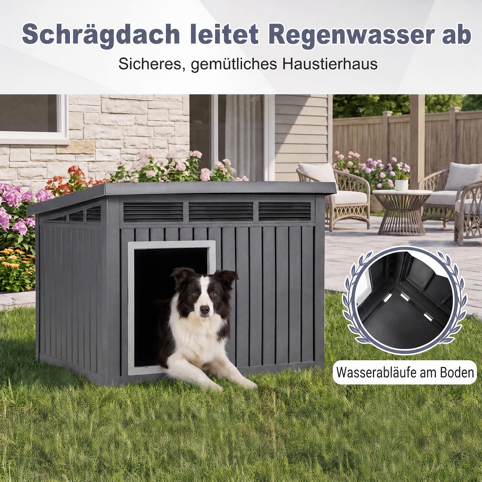 DREAMADE Hundehütte Outdoor, Hundehaus wetterfest | mit aufklappbarem Schrägdach, Gasdruckfedern Belüftungsöffnungen & Ablauflöchern, Hunde Hütte für kleine & mittelgroße Hunde