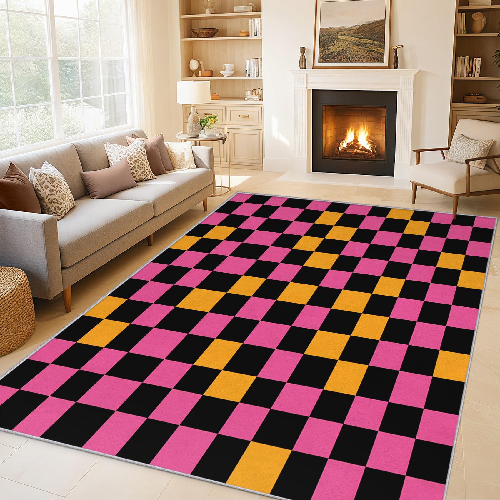 Tapis salon à carreaux noir rose jaune 120x170 cm poils courts Générique