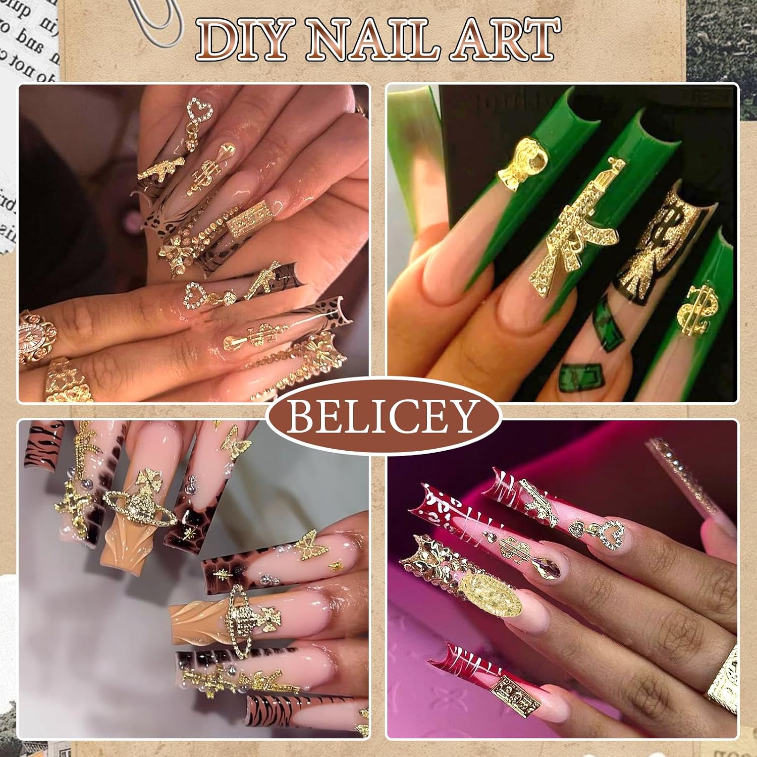 BELICEY 120Pcs 3D Gold Nail Charms, 12Styles Alloy Dollar Gun Coin Nail Art Charms, Golden Punk Star Cross Virgin Mary Charms for Nails, Mix Nail Jewelry Rhinestones for Nails Design Manicure Crafts
