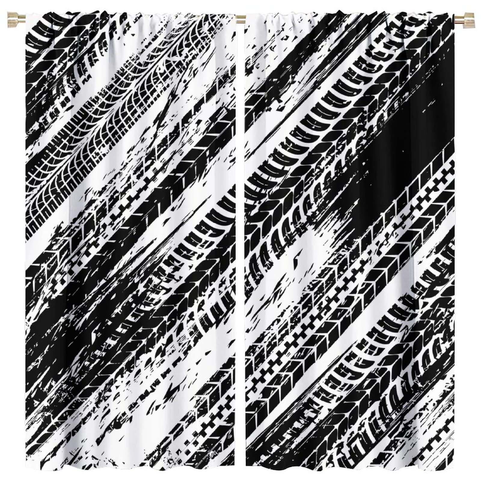 Tire Tracks Curtains Abstract Dirt Bike Tire Marks Black White Art Print for Boys Bedroom Bathroom Decor Rod Pocket Blackout Window Drapes 2 Panels 42x45in