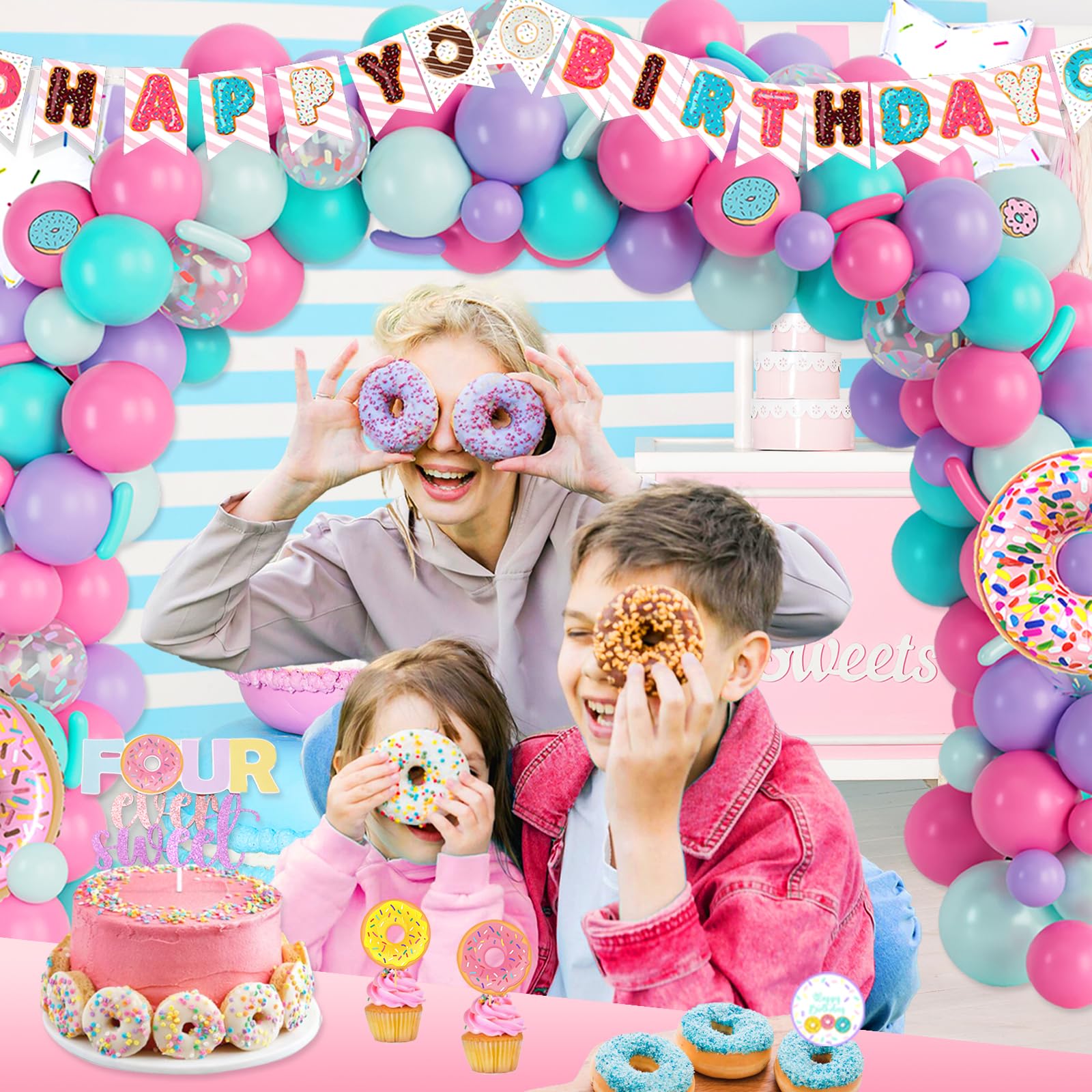 Guirnalda De Cumpleaños Con Letras De Donut | Decoración Fiesta Infantil | Incluye Cuerda Para Colgar | Letras De 15x10 Cm | Tema Dulces Y Feliz Cumpleaños