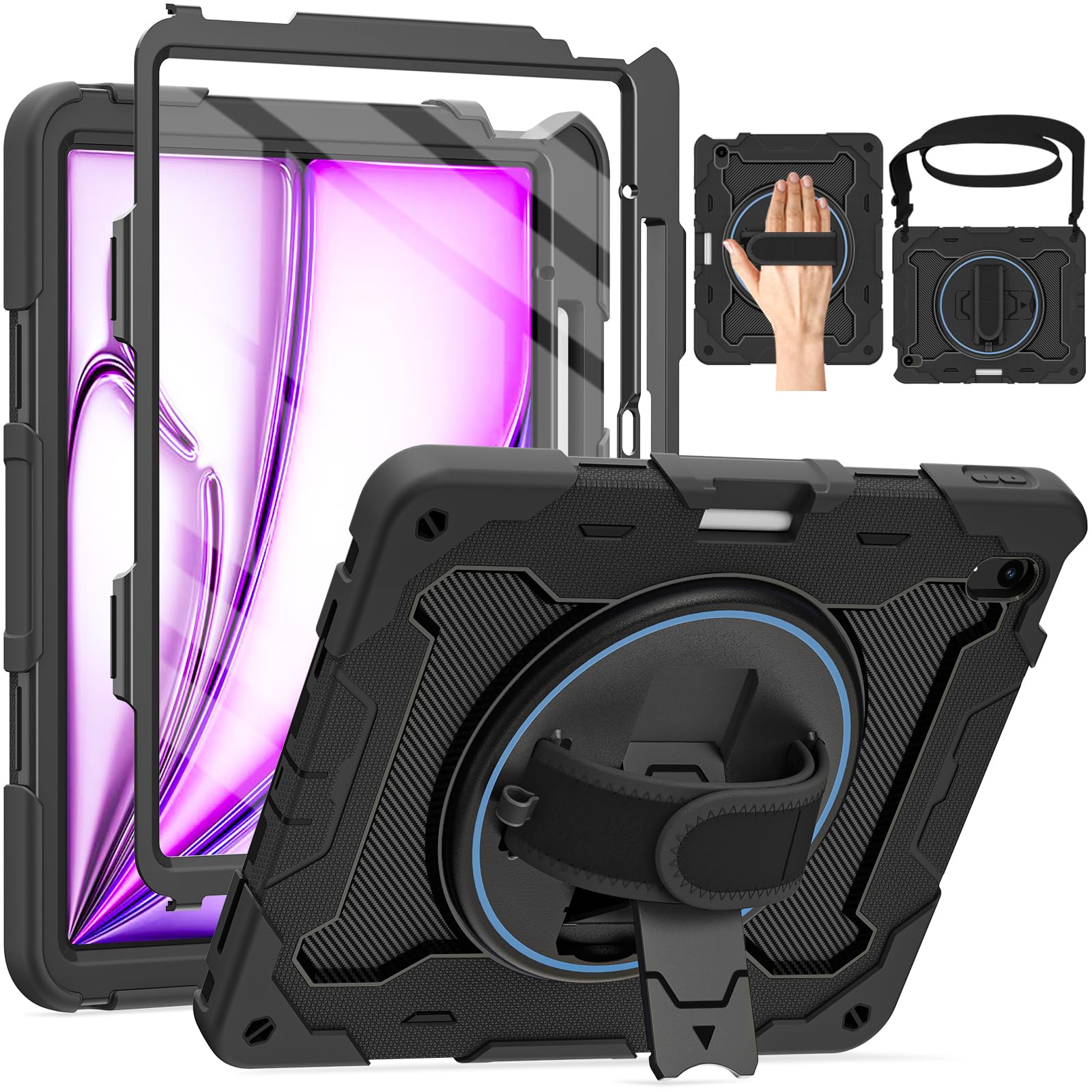 ROSROME for iPad Air 13 Inch Case M3 2025 / M2 2024 with HD Screen Protector, Shoulder Strap, 360 Stand, Hand Strap, Pen Holder [ Kids Friendly] Heavy