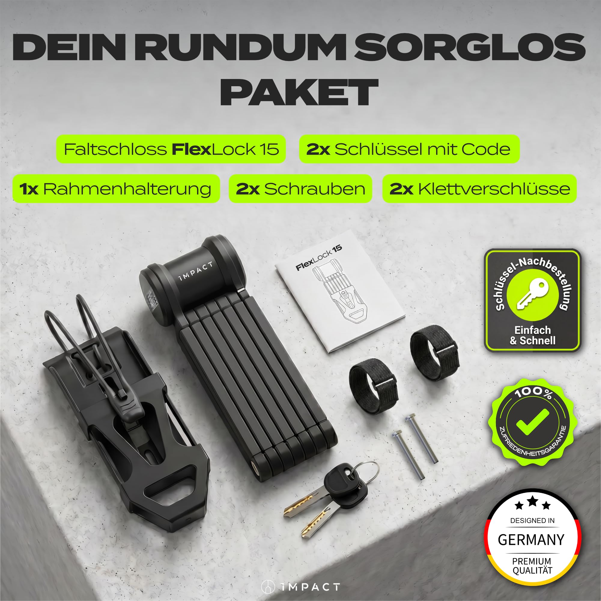 IMPACT® FlexLock 15 - Premium Faltschloss Fahrrad [HOHE SICHERHEIT] - Handliches Fahrradschloss mit Sicherheitslevel 15 bis 120cm - Robustes Fahrrad Schloss hält bis zu 1,5 Tonnen Zugkraft stand