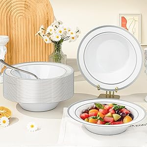 BESTVIP 100 Pack Plastic Disposable Soup Bowls, 12 oz White Dessert Bowls with Silver Rim, Heavy-duty Salad Bowl for Party, Wedding, Christmas, Thanksgiving, Dinner, Catering