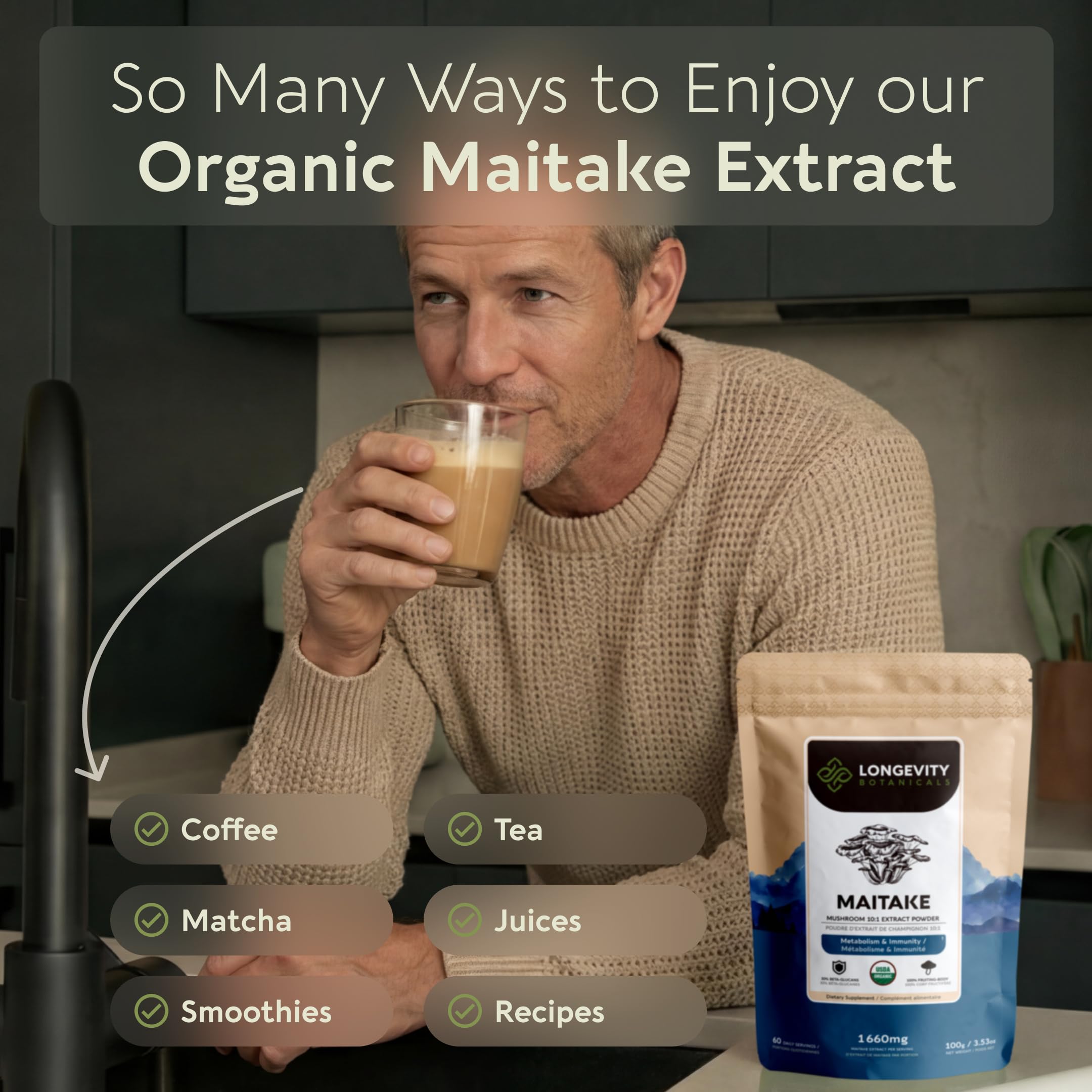 Longevity Botanicals Organic Maitake Mushroom Powder Supplement Extract 100g | Grifola Frondosa Fruiting Body | ≥30% Beta-D-Glucans | 60 Servings of 1,660mg | Supports Daily Wellness — Amazon image 6