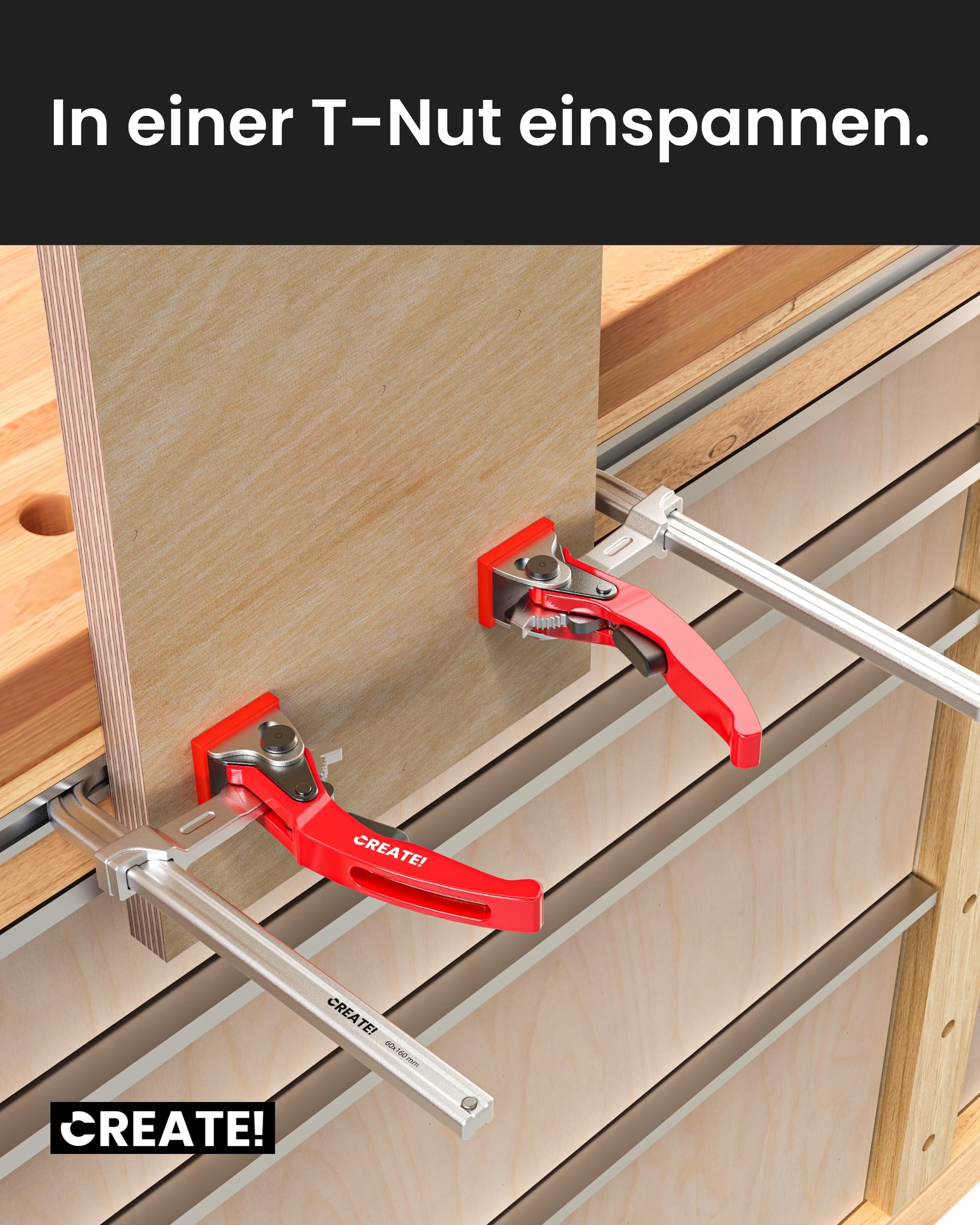 CREATE! cFix-Click - Hebelzwinge 2er-Set 160 mm (T-Nut Zwinge inkl. Schutzkappe) Schnellspanzwinge - Einhandzwinge