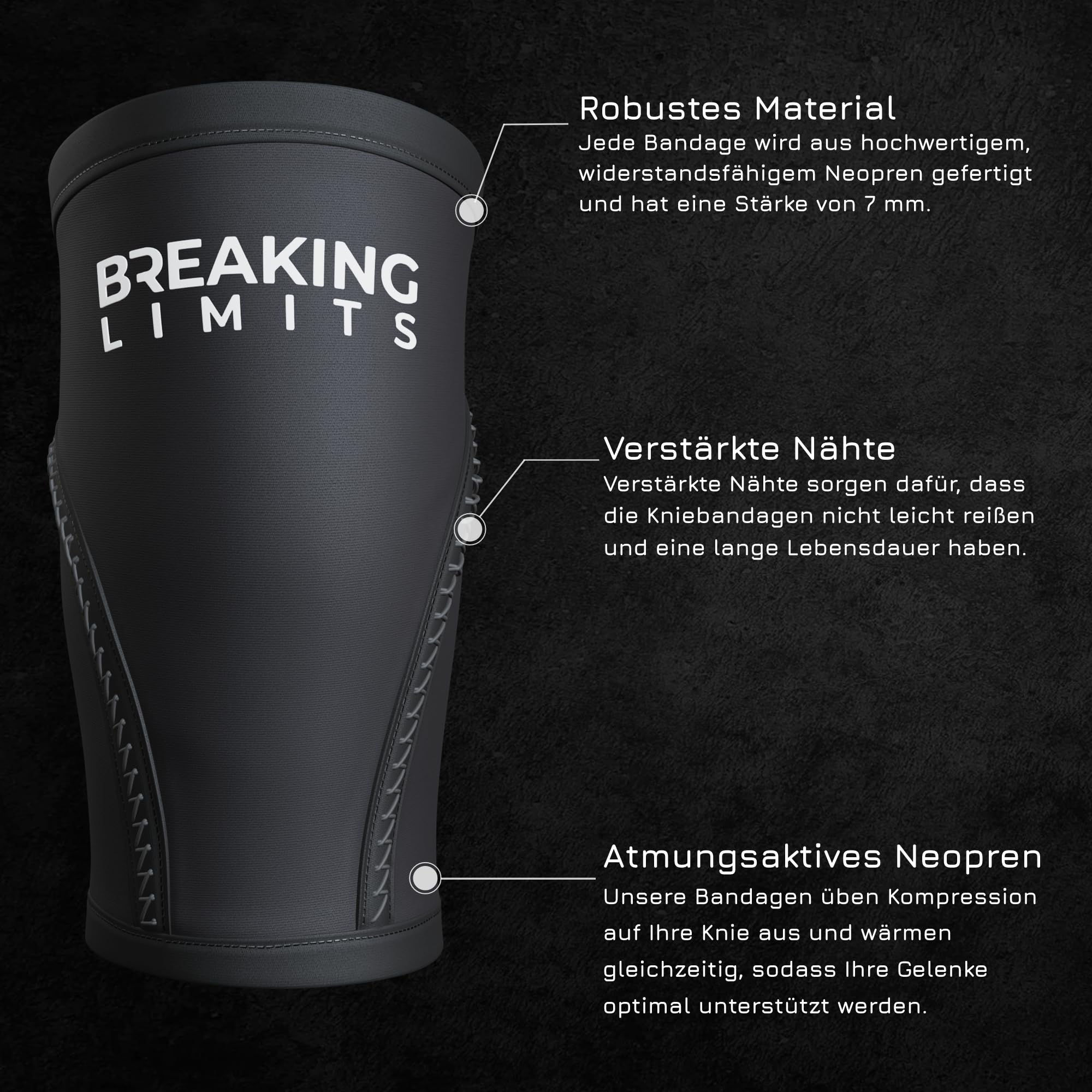 BREAKING LIMITS Genouillère - Genouillère de compression respirante - Pour la musculation, la gym - Pour la compression et les douleurs articulaires - En néoprène de 7 mm - 6 tailles (Noir, L)