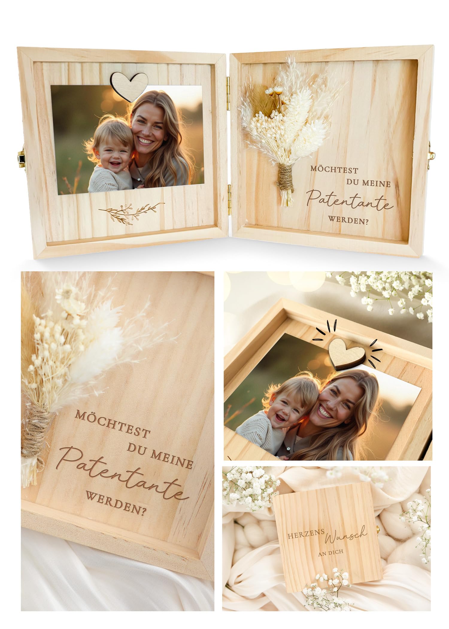 Joli Coon Patentante fragen Holzbox, Willst du meine Patentante sein | Echte Trockenblumen, Magnet zum Einfügen eines Fotos, als Erinnerungsbox aufstellbar, hochwertige Verarbeitung – Amazon Angebot