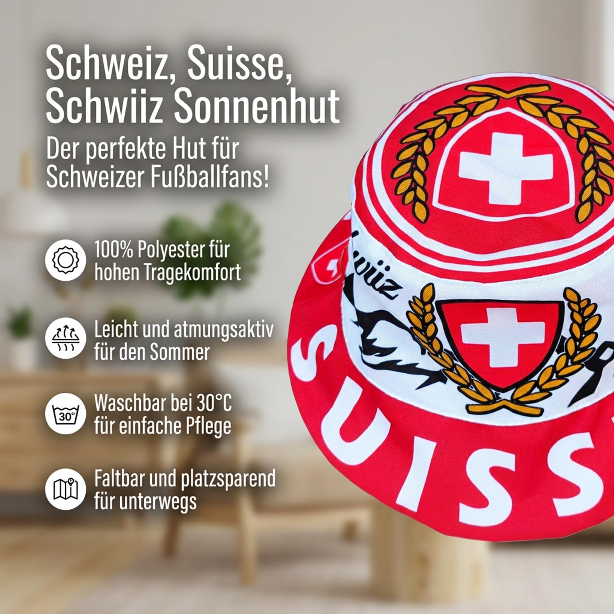 Generisch Suiza, Suisse, Schwiiz, sombrero para el sol, sombrero de pescador, sombrero militar, sombrero de cubo, azul, blanco, rojo, 59