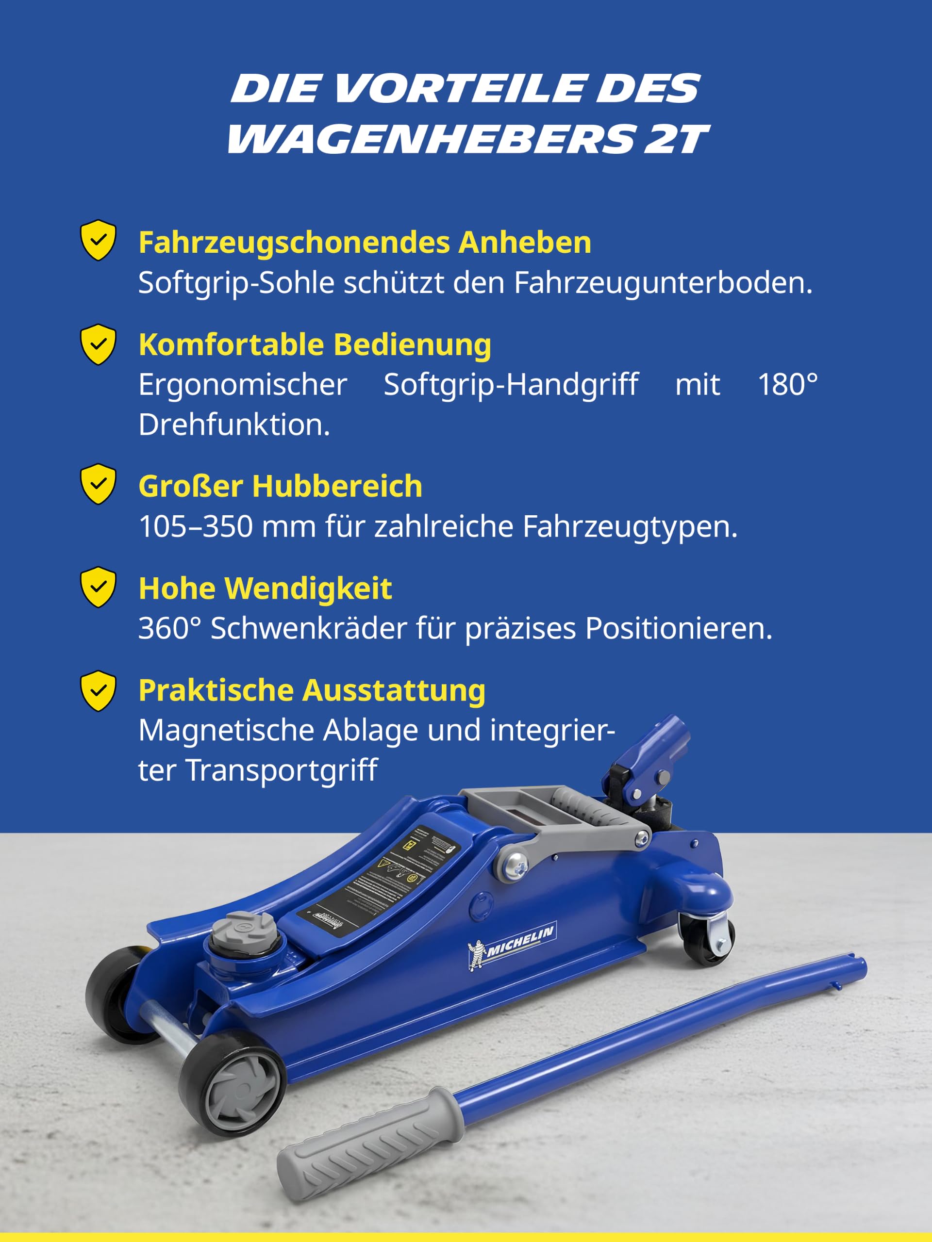 MICHELIN Wagenheber 2T hydraulisch – Rangierwagenheber 2000kg für PKW & SUV – Autoheber mit 360° Schwenkrädern, 350 mm Hubhöhe – stabil für Reifenwechsel & Werkstatt | Rangierwagenheber 2000kg für PKW & SUV Autoheber mit 360° Schwenkrädern, 350 mm Hubhöhe