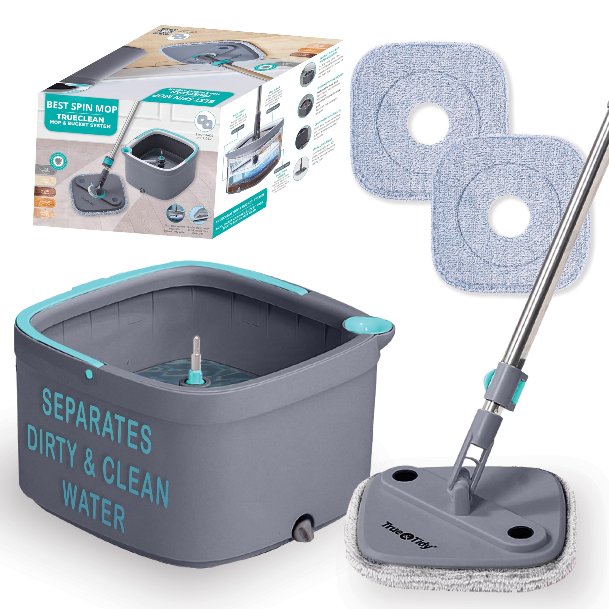 TRUE & TIDY Square Spin Mop & Bucket System – Dual Chamber for Clean & Dirty Water, 360° Rotating Self-Wringing Mop with Built-in Scrub Brush, Stainless Steel Handle & 2 Reusable Microfiber Mop Pads