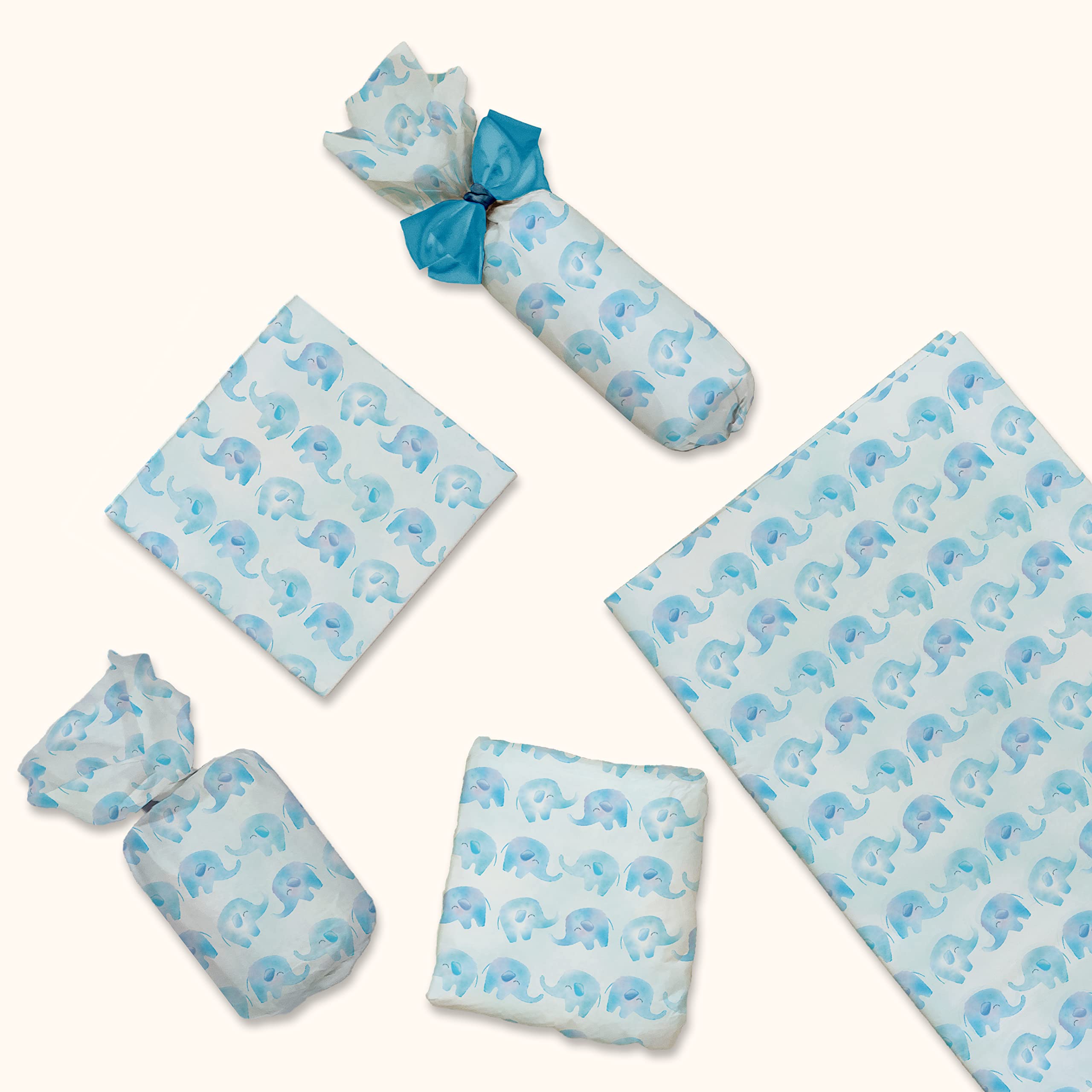 Papier bibułowy z nadrukiem - dekoracyjna chusteczka do decoupage - bibułka na baby shower - bibułka z niebieskim słoniem | 24 arkusze 50 cm x "76.2 cm