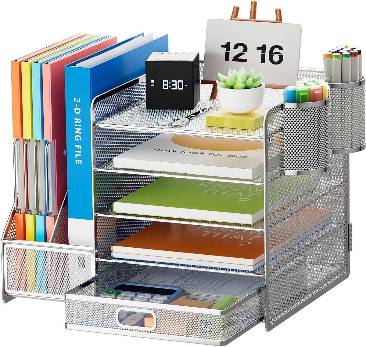 Marbrasse Organizador de escritorio con soporte para archivos, organizador de bandeja de papel de 5 niveles con cajón y 2 soportes para bolígrafos, organizador de escritorio de malla y almacenamiento con revistero para suministros de oficina (plateado)