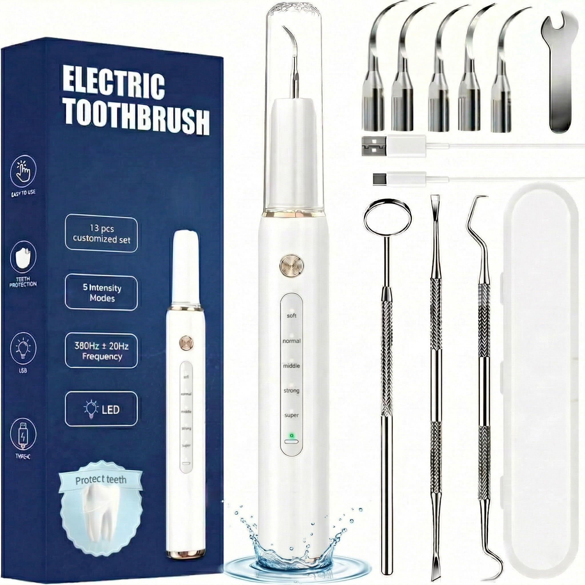 Kit Pulizia Denti Tartaro，Spazzolino Elettrico Ultrasuoni con 5 Modalità Per Rimozione Placca Macchie con 5 Testine Intercambiabili e Luci LED Set da 13 Pezzi per Pulizia Tartaro Uso Quotidiano a Casa
