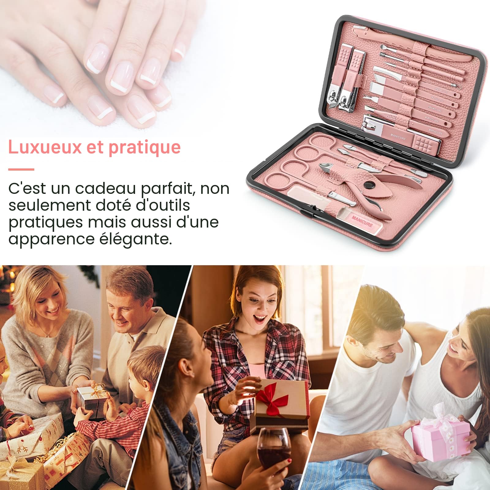 Kit Manucre Pedicure - Coupe Ongle Professionnel Coupe Cuticule Acier Inoxydable - Trousse Manucure Pedicure Set de 18pcs avec Exquis La Boîte (Rose)