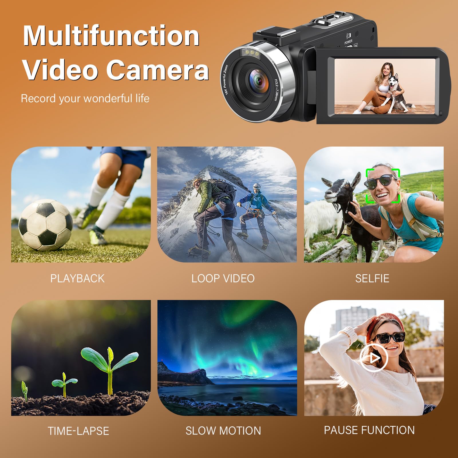 Caméscope 4K 30FPS 80MP Zoom Numérique 18X Caméra Vlogging Vision Nocturne IR Écran IPS 3.0" avec Carte SD 32 Go