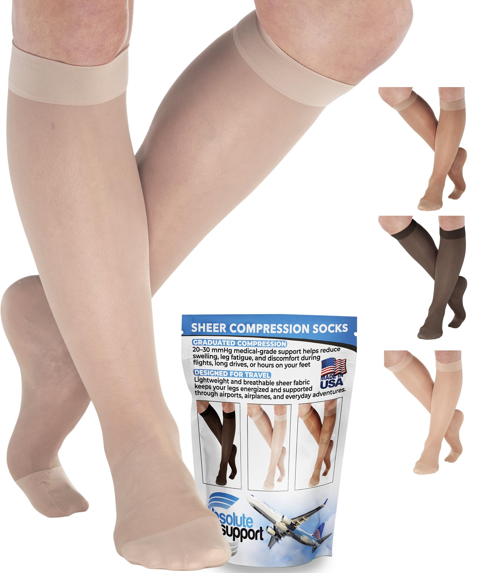 Made in USA Women Sheer Compression Socks for Travel – 20-30 mmHg Support for Flights, Swelling & Circulation Stockings, ATRAVEL205