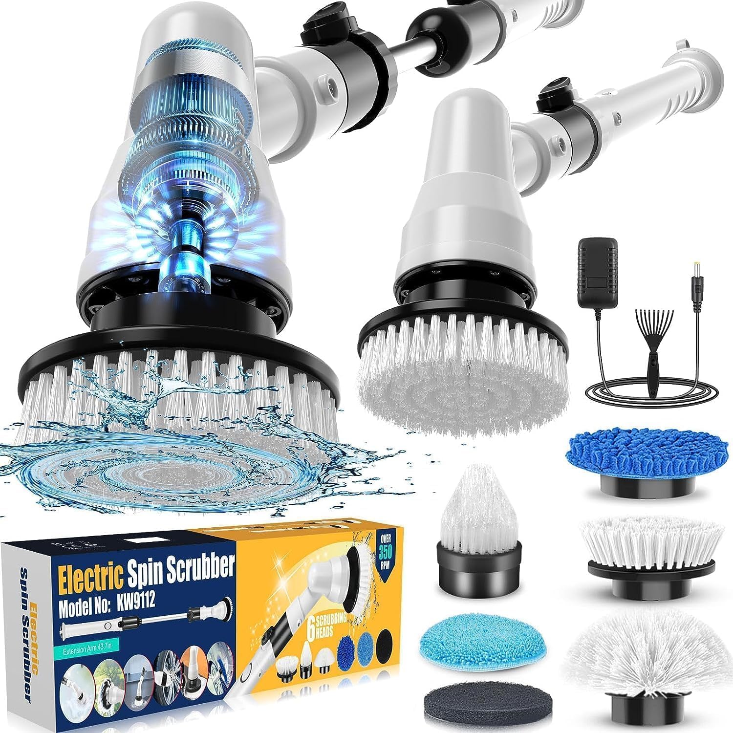 Electric Spin Scrubber, 2023 New Cordless Cleaning Brush with 6 Replaceable Brush Heads and Adapter, 1.5 H Rechargeable Bathroom Scrubber with Extension Arm for Bathroom, Tub, Tile, Floor