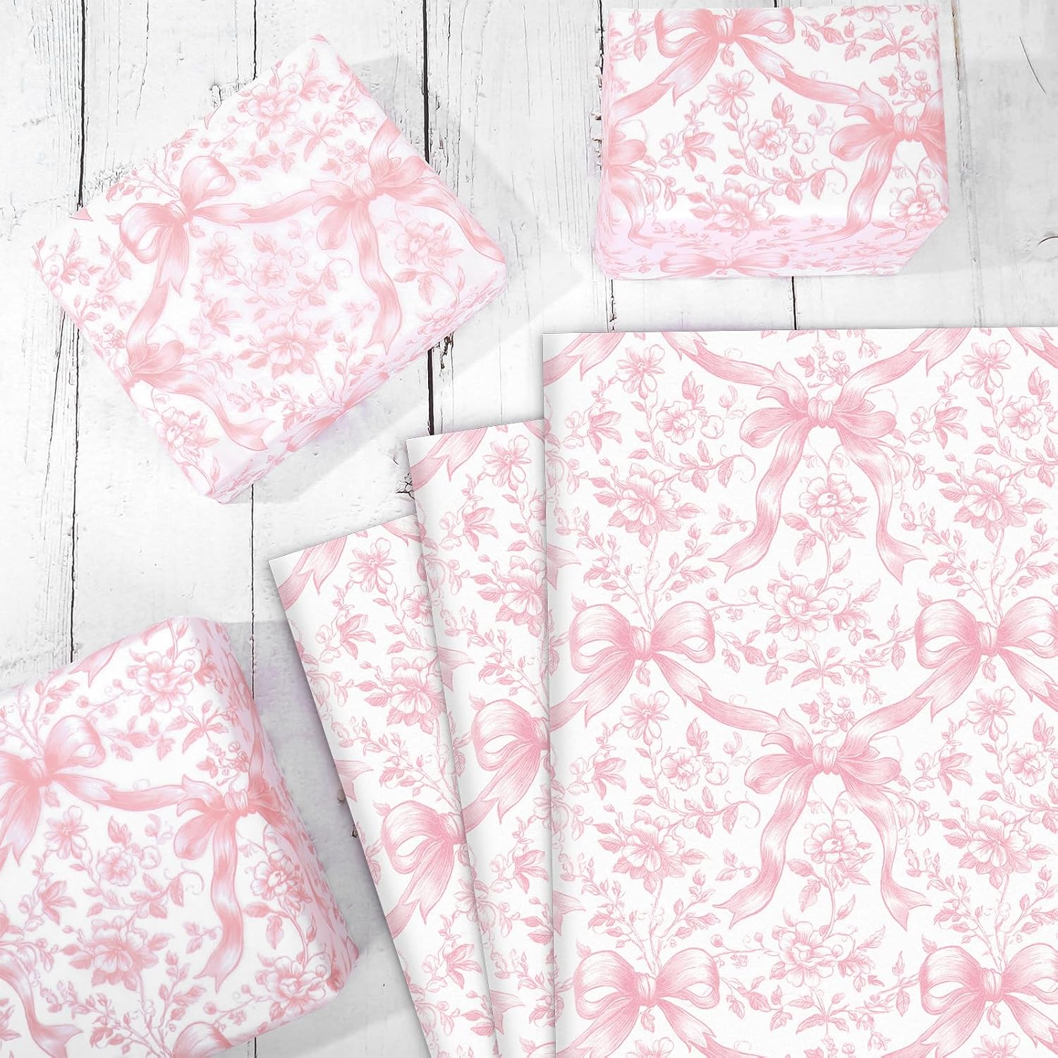 FYSUIMU 60 Sheets Pink Bow Floral Tissue Paper Chinoiserie Wrapping Paper DIY Art Crafts Tissue for Coquette Birthday Baby Shower Wedding, 14 x 20 Inch