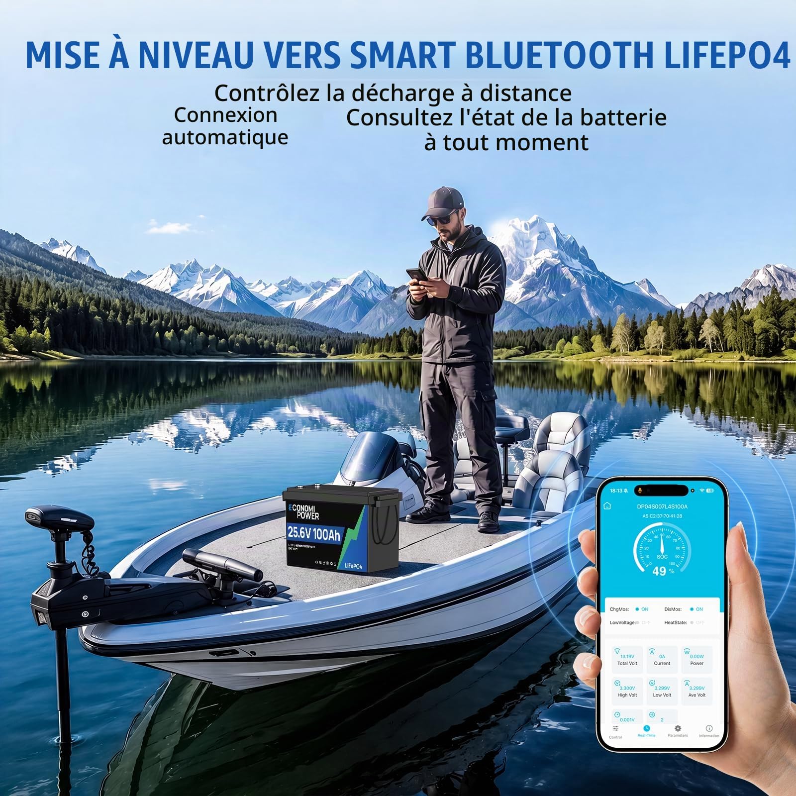 Bluetooth Batterie Lithium 24V 100Ah Lifepo4, 100A BMS intégré, 6000+ Cycle profond lifepo4, 2560Wh Batterie Lithium pour Camping-car, Bateau, Solaire et hors-réseau