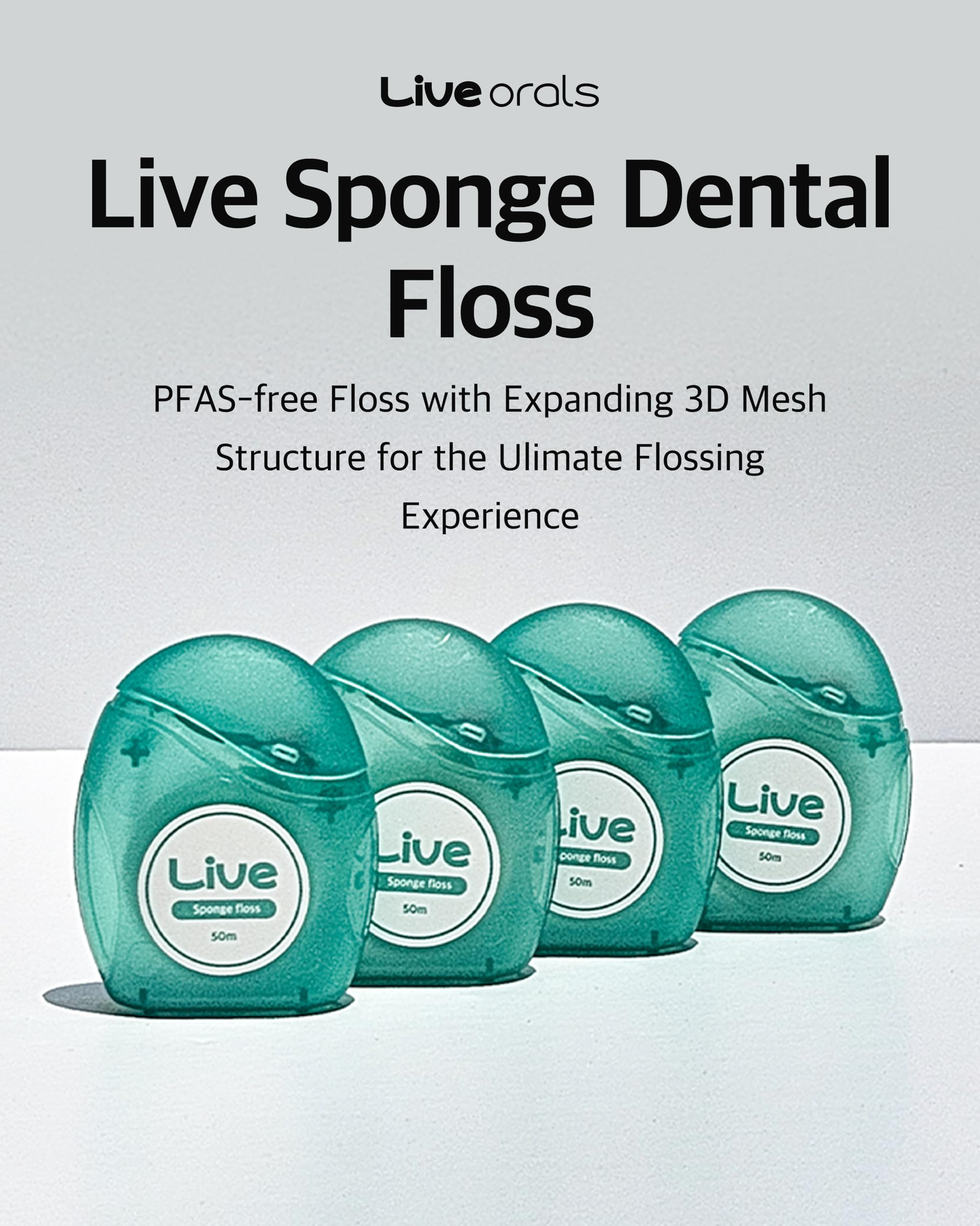 LiveOrals Live Sponge Dental Floss 164ft (50m) Pack of 6 – PFAS-Free Expanding Floss with 3D Mesh Design, Non-Toxic Wax Coated for Gentle & Effective Cleaning Between Teeth