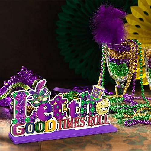 Miniatura 7 de Geelin 6 piezas de decoraciones de Mardi Gras, centros de mesa de Mardi Gras para mesas, máscara de gnomo, cangrejo de río, letreros de madera,