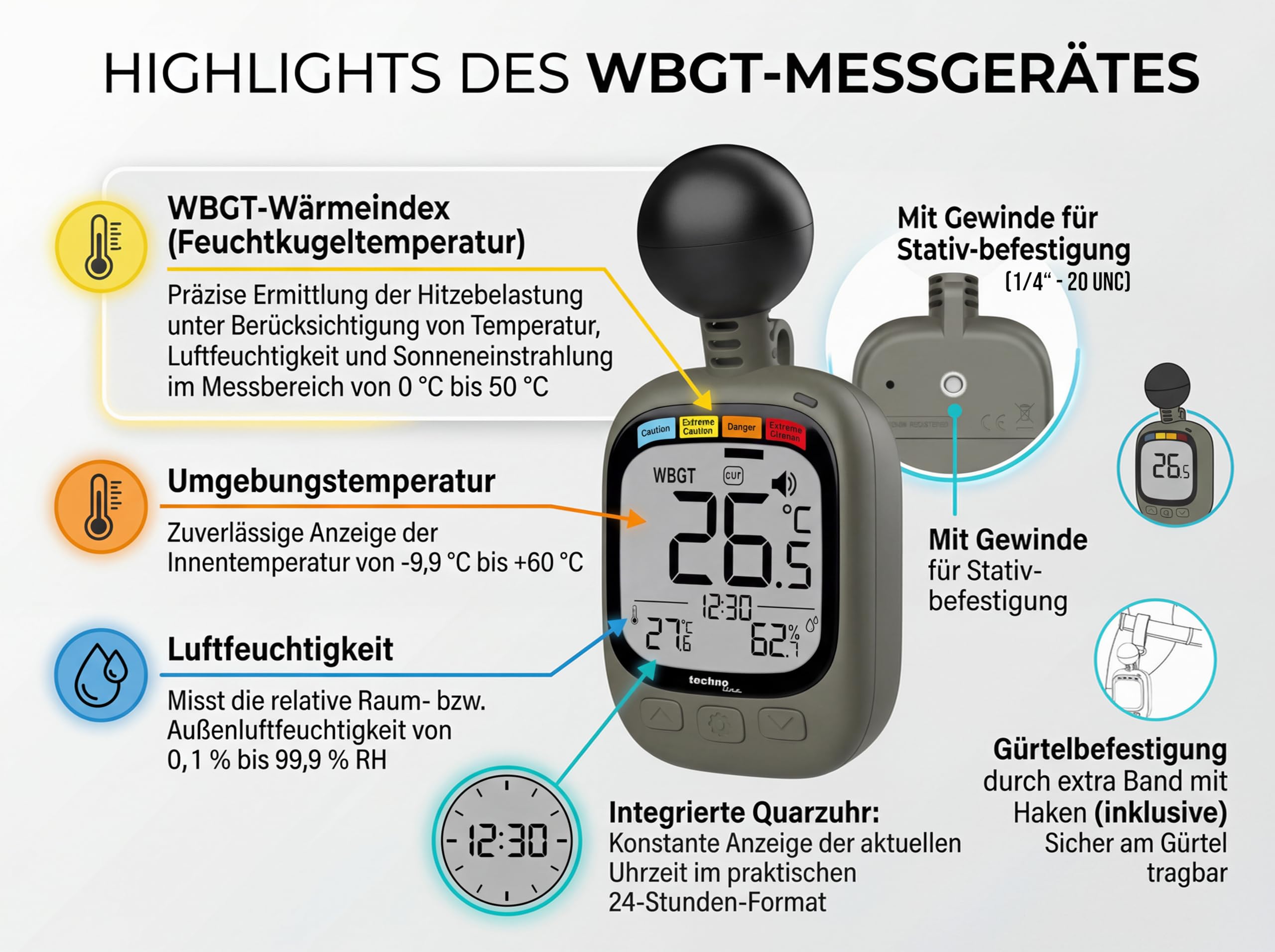 technoline EA 3060 WBGT - Medidor de estrés térmico con indicador de temperatura y humedad | Sistema de alerta WBGT | Interior/Exterior | Función de alarma | Ideal para deportes, trabajo y actividades