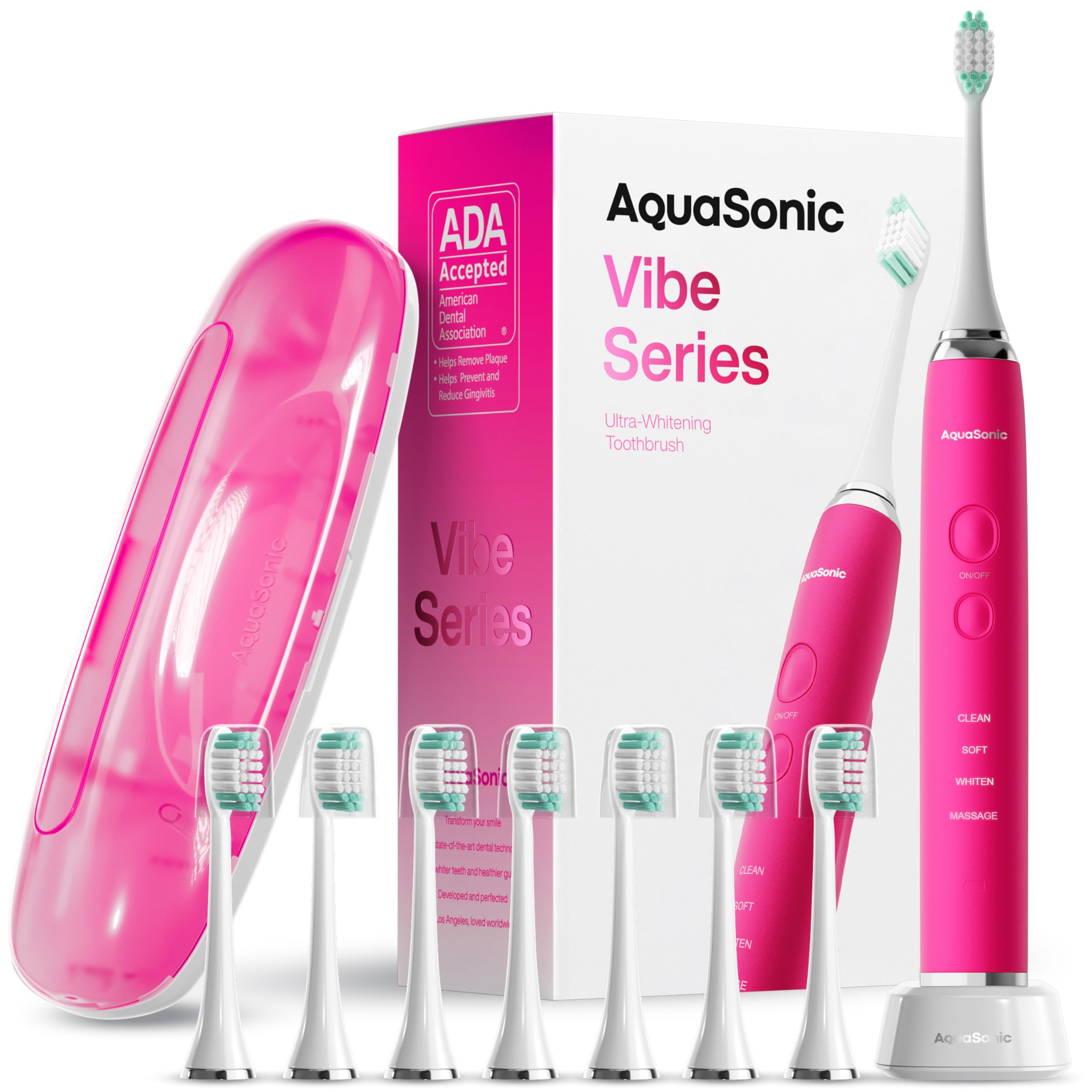 Aquasonic Vibe 시리즈 울트라 화이트닝 칫솔 - ADA 승인 전동 칫솔 - 브러시 헤드 8개 및 여행용 케이스 - 40,000 VPM 모터 및 무선 충전 - 스마트 타이머가 있는 4가지 모드 - 일렉트릭 핑크