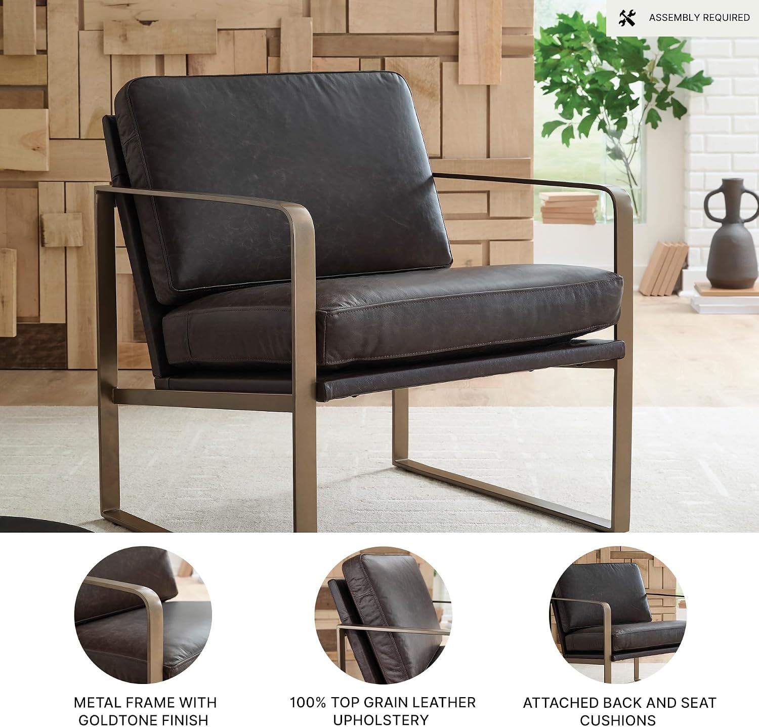 Signature Design by Ashley Modern Leather Accent Chair, Dark Brown & Gold | 100% top grain leather with a goldtone metal frame, Contemporary style for living rooms and office spaces, Bradett Series