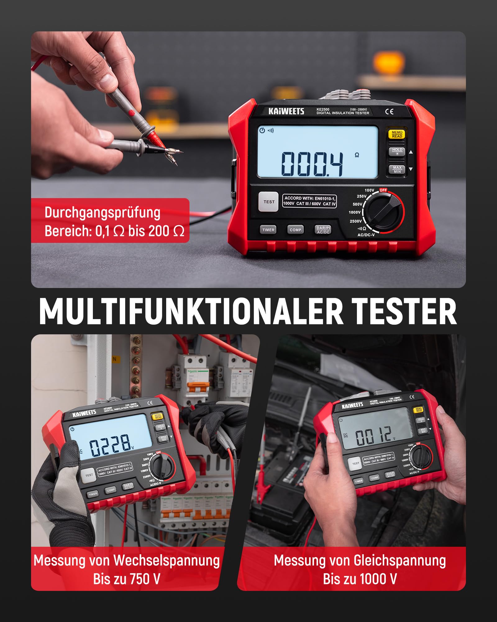 KAIWEETS Isolationswiderstandsmessgerät, bis zu 200 GΩ, Profi-Megohmmeter, 100 V/250 V/500 V/1000 V/2500 V, One-Touch-DAR/PI, misst Widerstand, Wechsel-/Gleichspannung für HLK, Motoren, Solar,