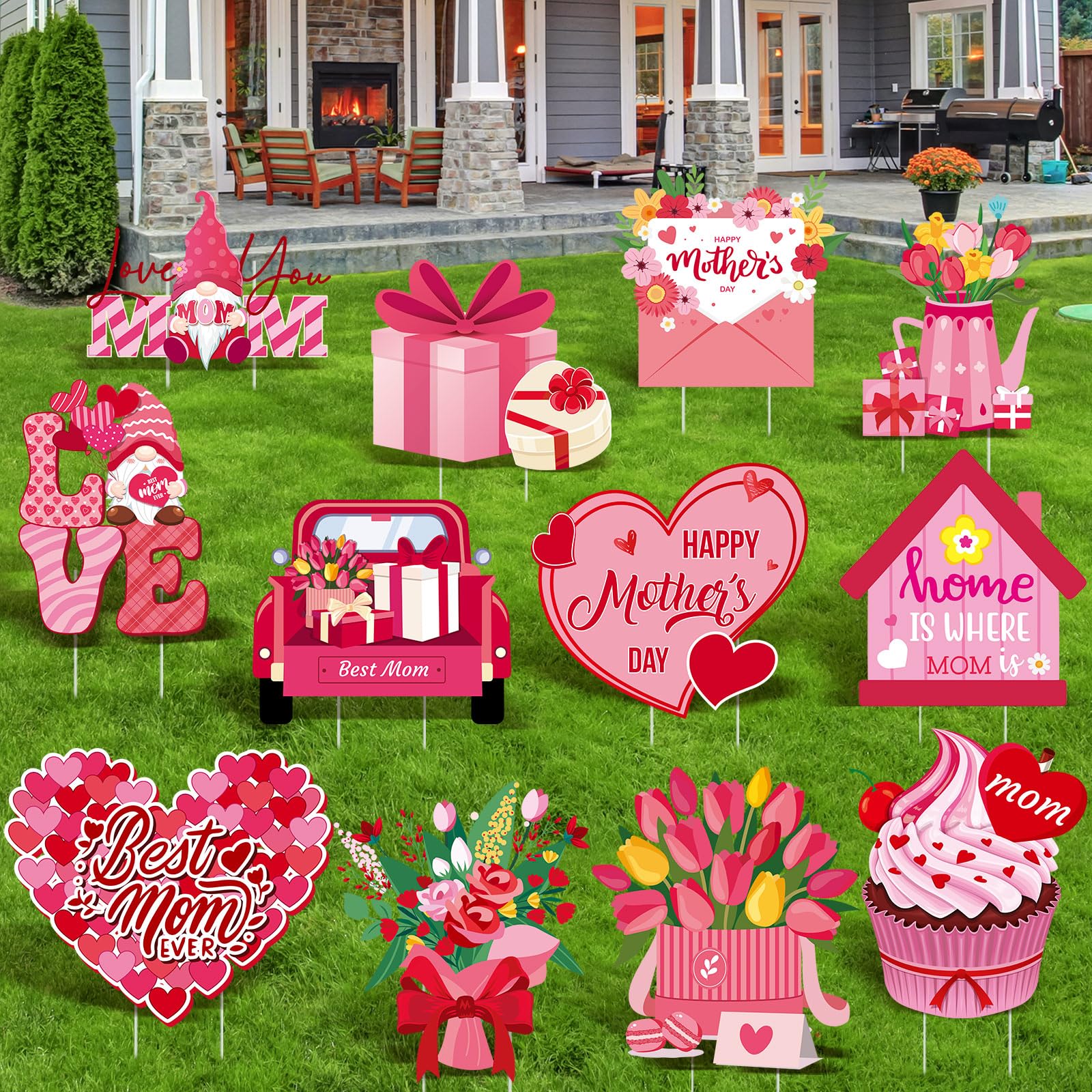 Photo 1 of Amyhill 12 Pcs Happy Mother's Day Yard Signs Love Mom Lawn Signs with Stakes Floral Mom Yard Signs Waterproof Outdoor Mother's Day Lawn Decorations Mom Party Supplies for Garden Home(Elegant Style)