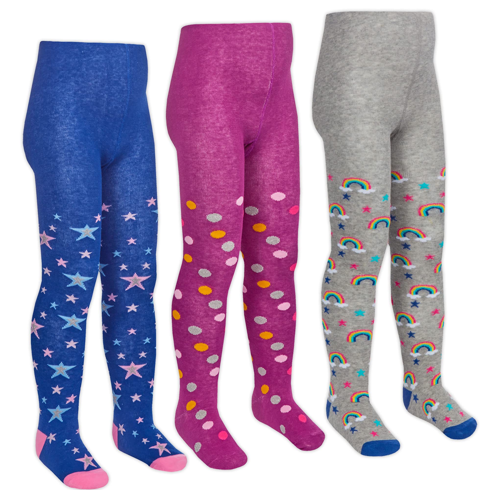 Metzuyan Girls Rainbow Stars - 3 Pairs 3 Pairs Kids Cotton Rich Designer Tights Rainbow Stars Spots Dots 2-3 Years