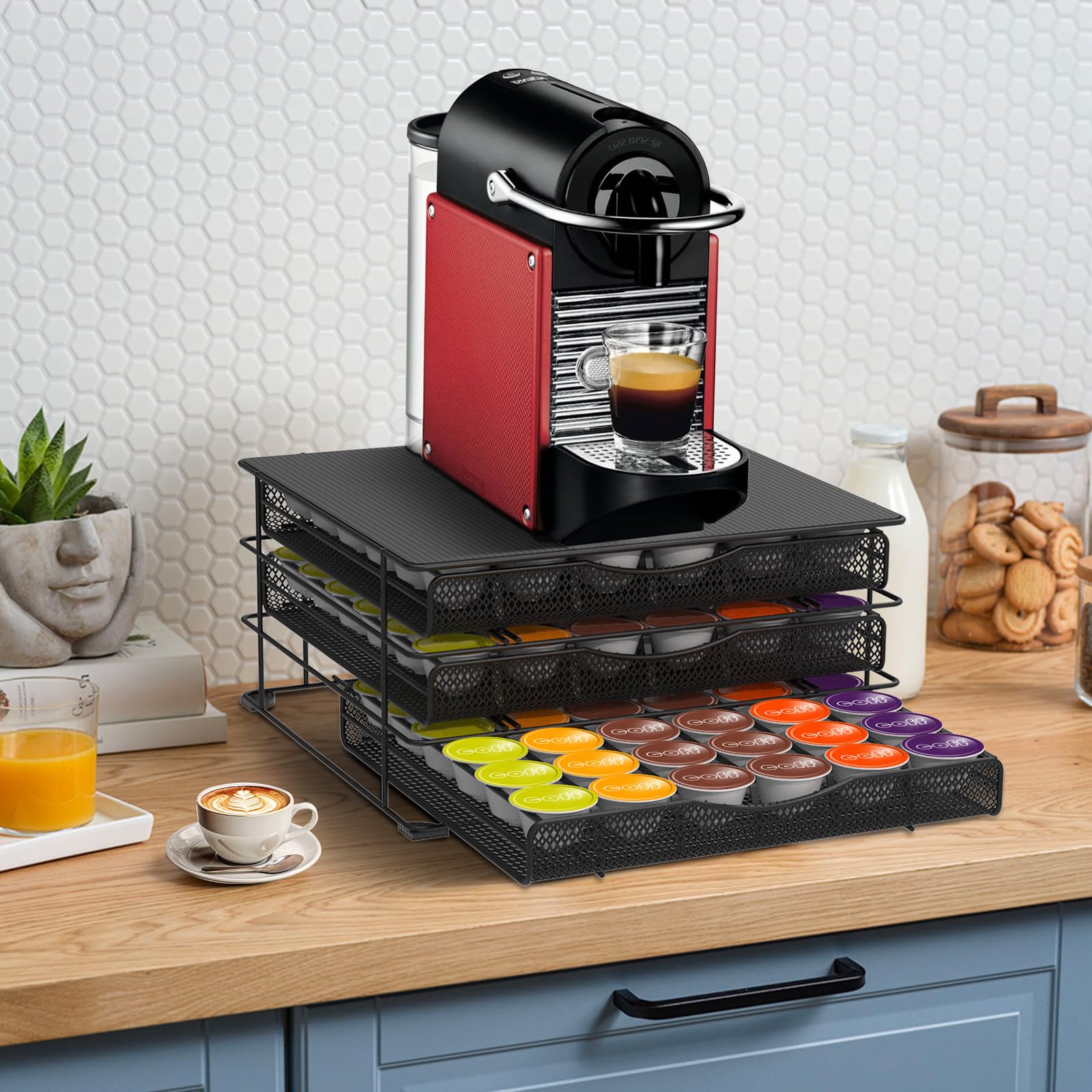 Masthome porte capsules Dolce Gusto 3 tiroirs métal, grande capacité 108 dosettes avec tapis EVA anti vibration antidérapant, rangement café pour maison, cuisine, bureau, salle de pause, noir sobre
